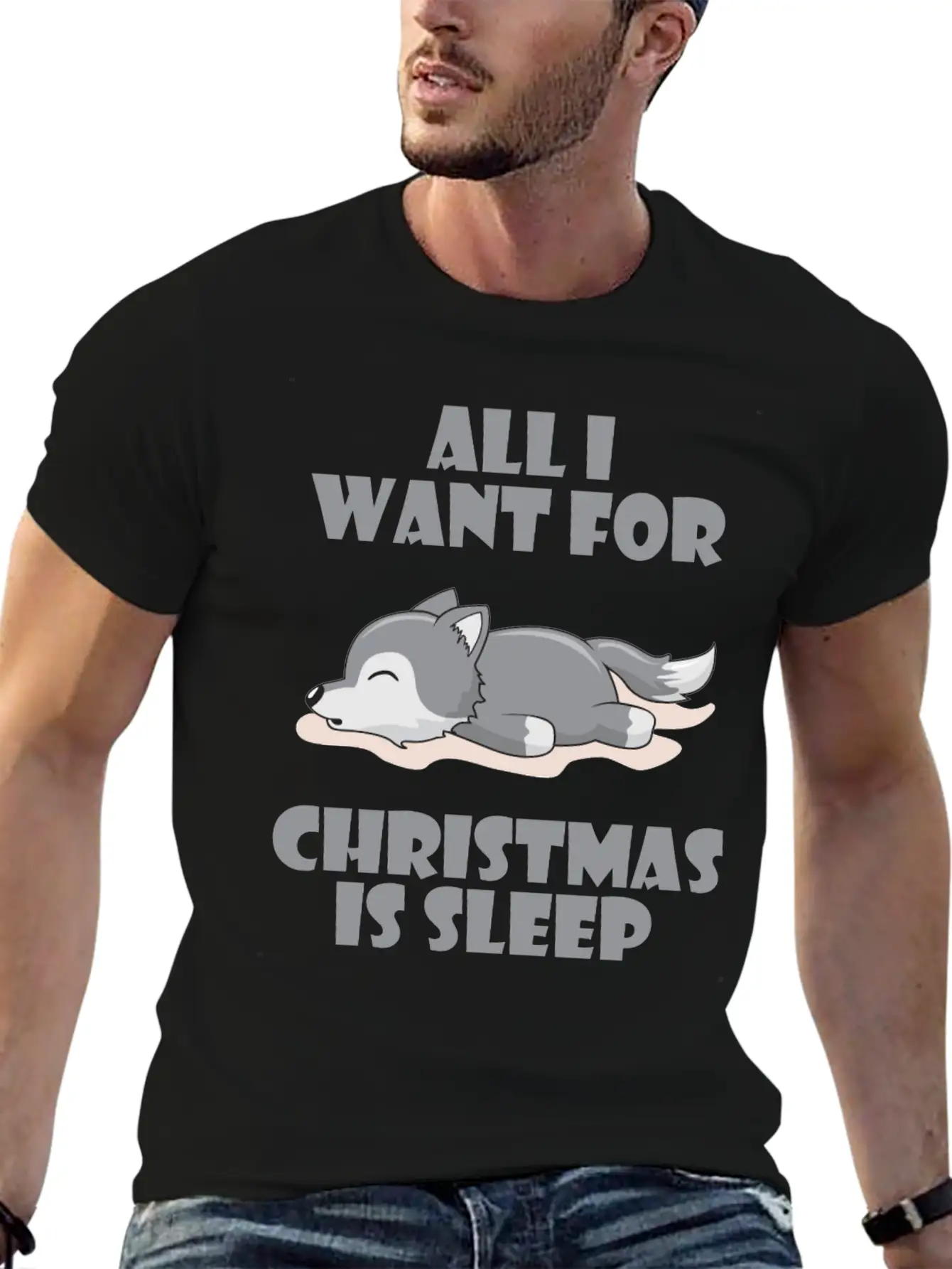 All I Want For Christmas Is Sleep Cute Lazy Wolf Lightweight Cotton T-Shirt – Daily Comfort Graphic Shirt