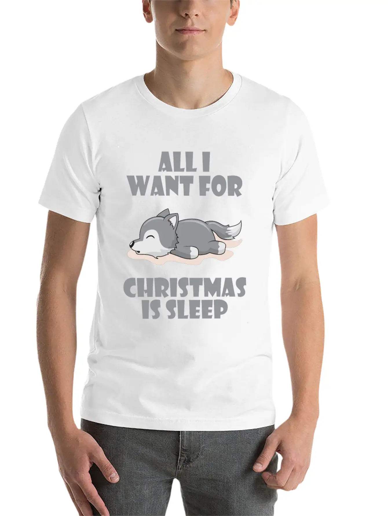 All I Want For Christmas Is Sleep Cute Lazy Wolf Lightweight Cotton T-Shirt – Daily Comfort Graphic Shirt