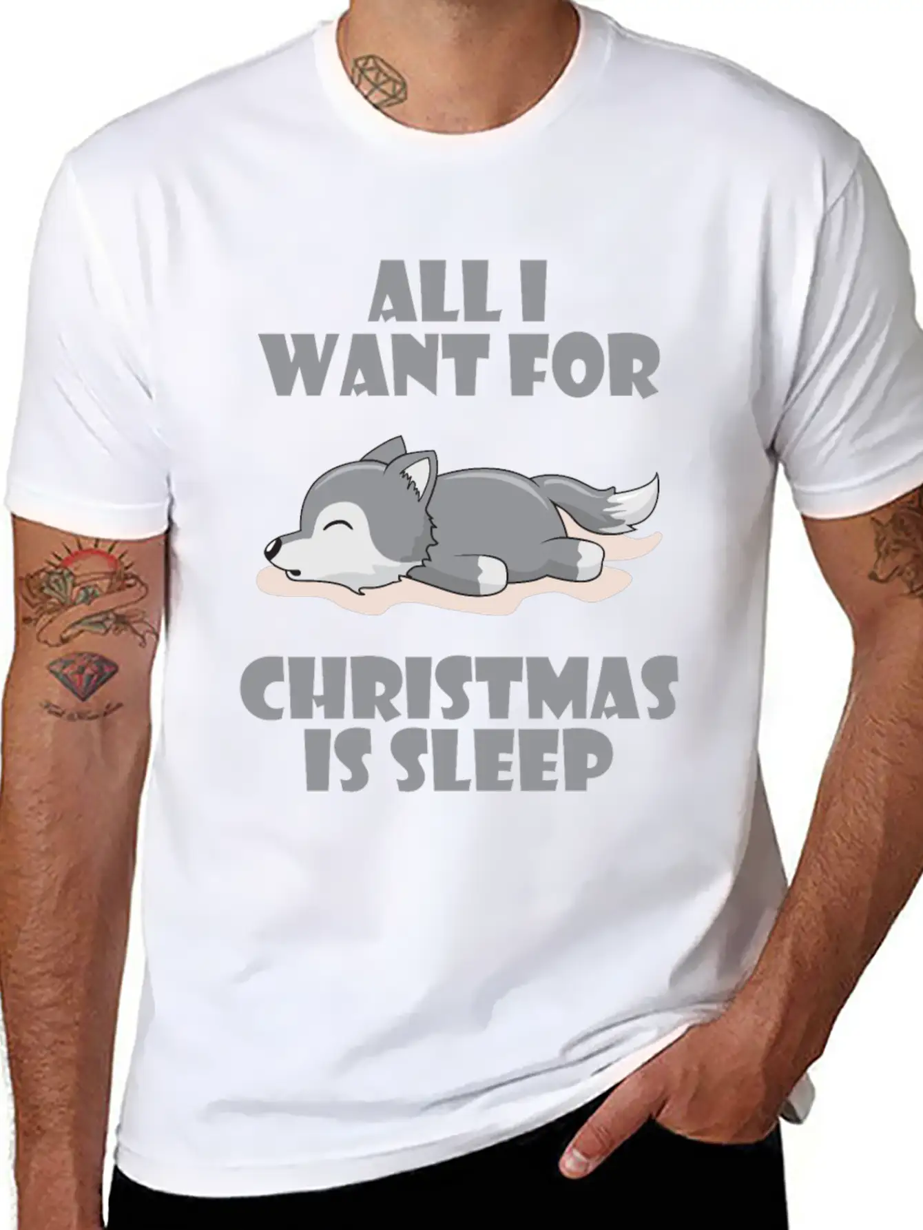 All I Want For Christmas Is Sleep Cute Lazy Wolf Lightweight Cotton T-Shirt – Daily Comfort Graphic Shirt