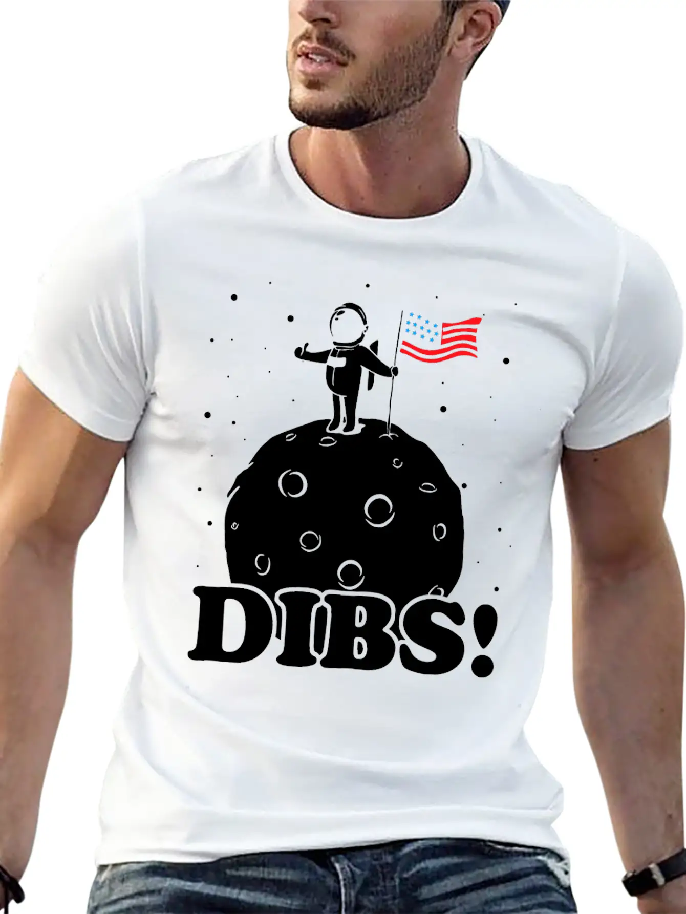 American Flag On Moon Unisex Casual T-Shirt – Clean Design For Daily Comfort