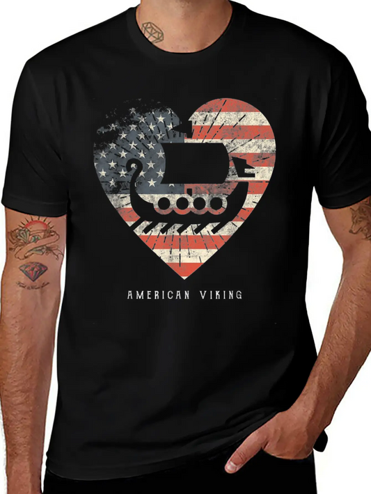 American Flag Viking Boat Unisex Casual T-Shirt – Clean Design For Daily Comfort
