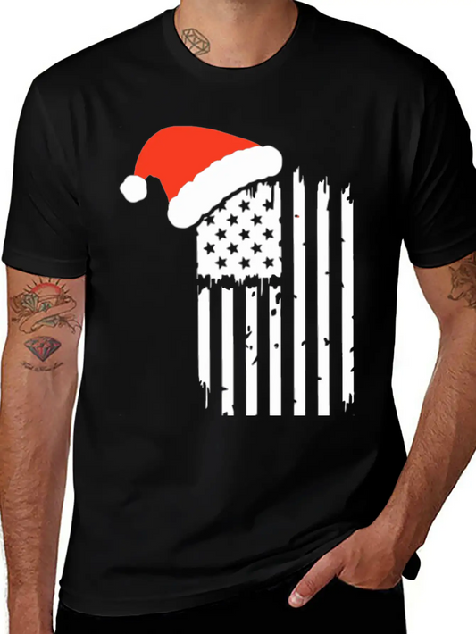 American Flag With Christmas Hat Lightweight Cotton T-Shirt – Daily Comfort Graphic Shirt