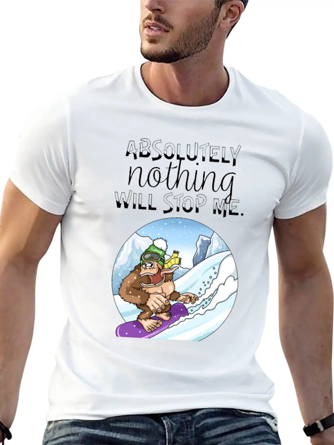 Amusing Monkey Gorilla On Snowboard Basic Graphic T-Shirt – Daily Comfort In Soft Cotton