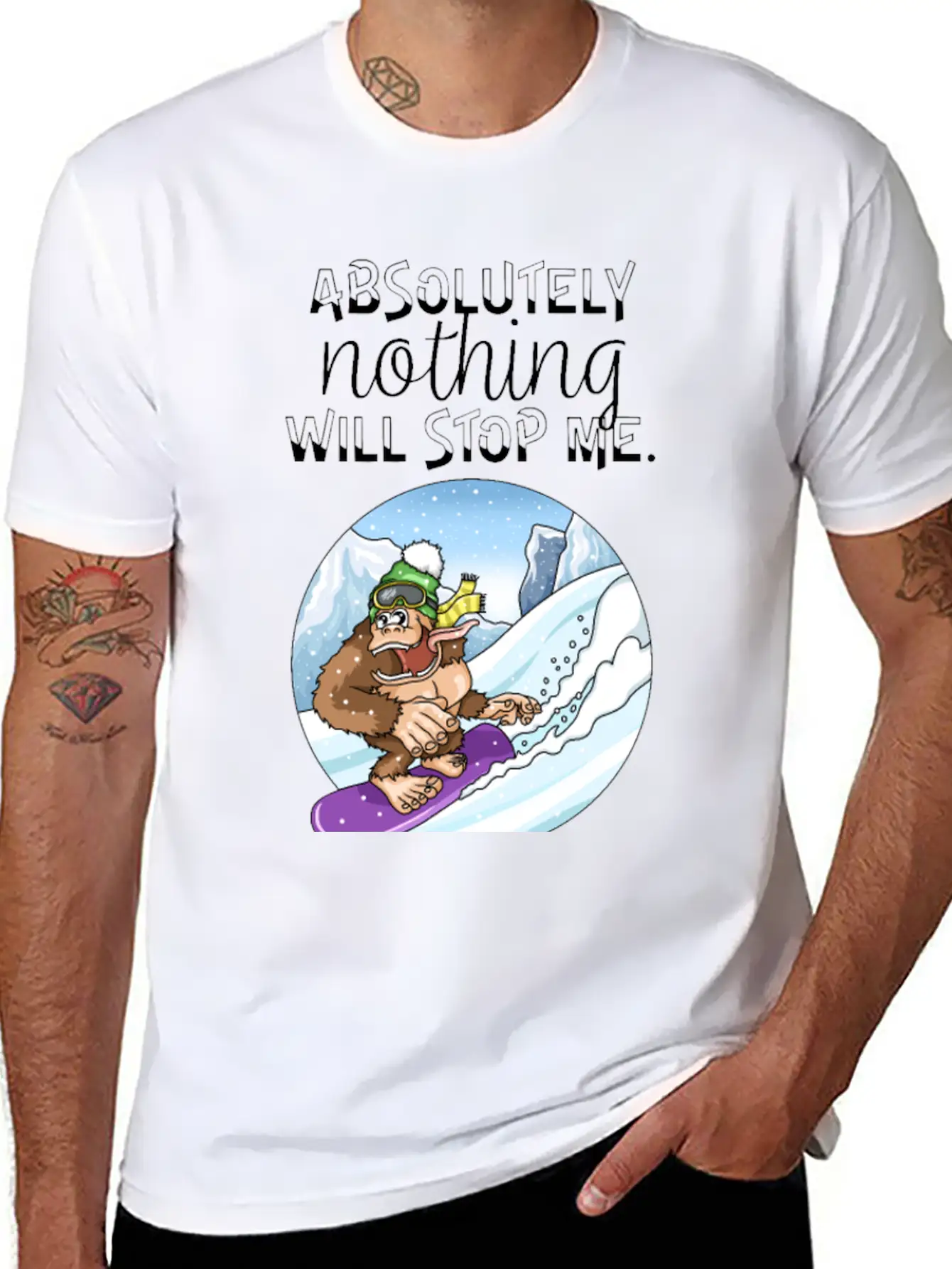 Amusing Monkey Gorilla On Snowboard Basic Graphic T-Shirt – Daily Comfort In Soft Cotton