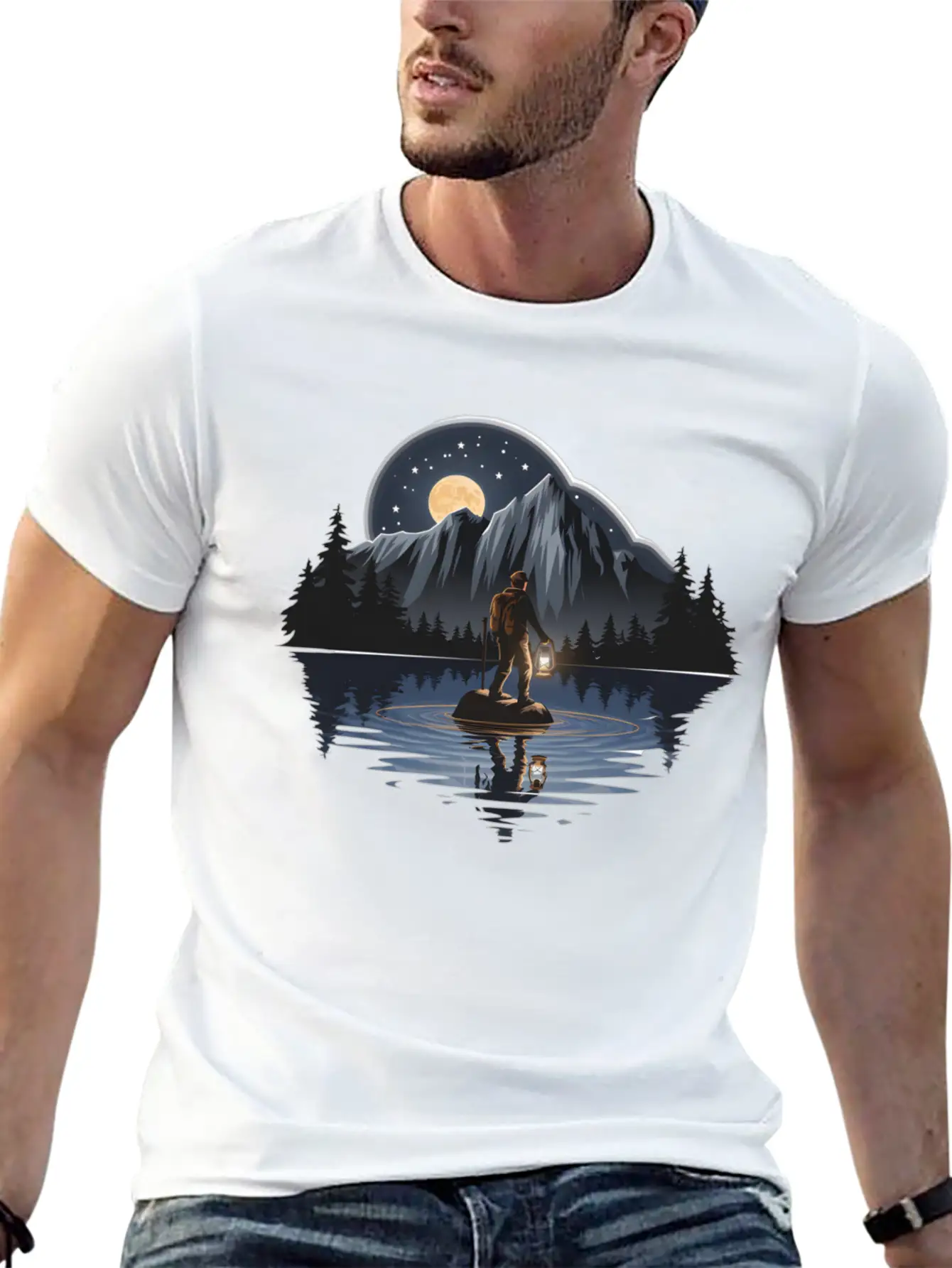 An Explorer Standing On A Rock With A Tent Lightweight Cotton T-Shirt – Daily Comfort Graphic Shirt