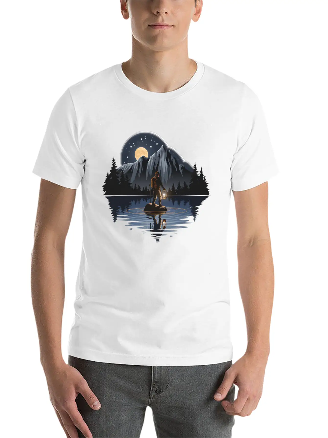 An Explorer Standing On A Rock With A Tent Lightweight Cotton T-Shirt – Daily Comfort Graphic Shirt