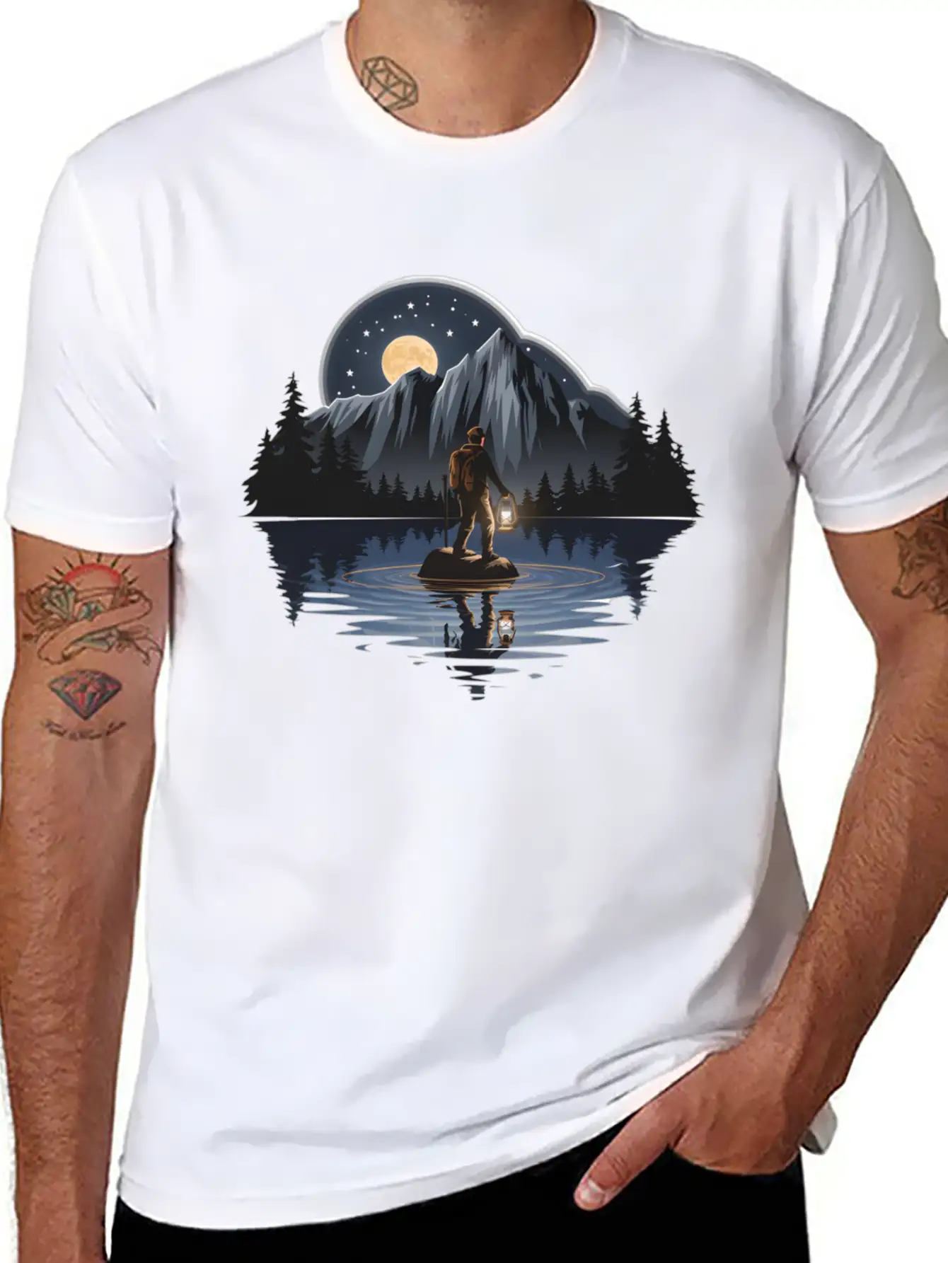 An Explorer Standing On A Rock With A Tent Lightweight Cotton T-Shirt – Daily Comfort Graphic Shirt