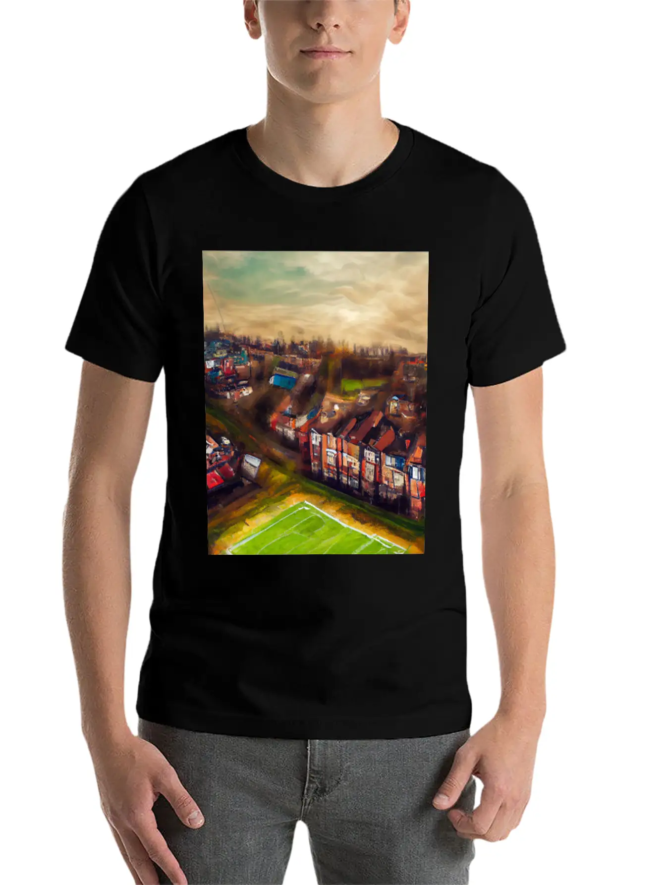 Artistic British Neighborhood And Football Field Modern Fit Casual T-Shirt – Clean And Versatile Design