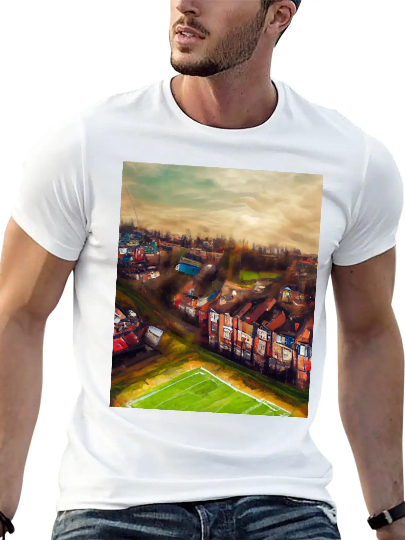 Artistic British Neighborhood And Football Field Modern Fit Casual T-Shirt – Clean And Versatile Design