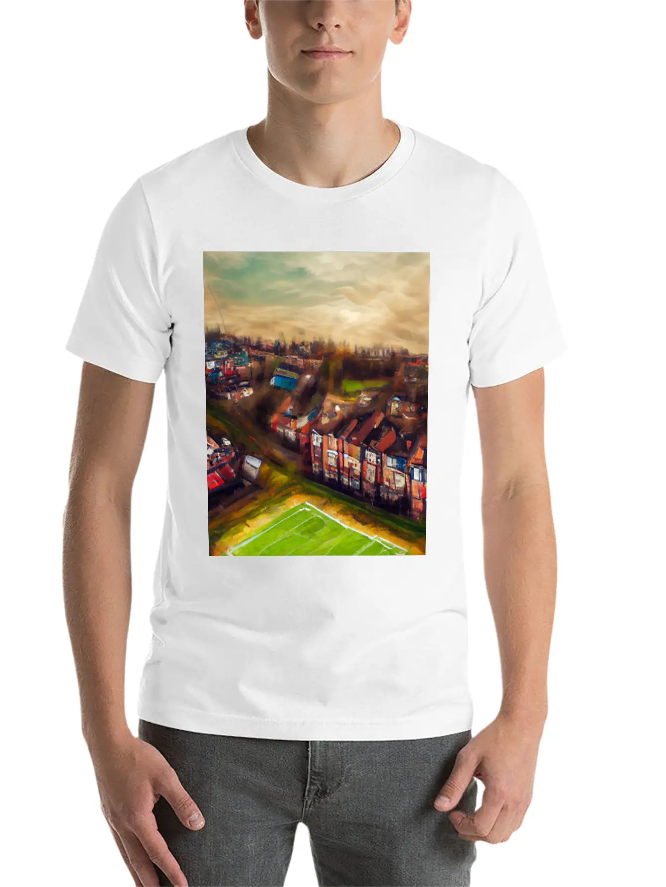 Artistic British Neighborhood And Football Field Modern Fit Casual T-Shirt – Clean And Versatile Design