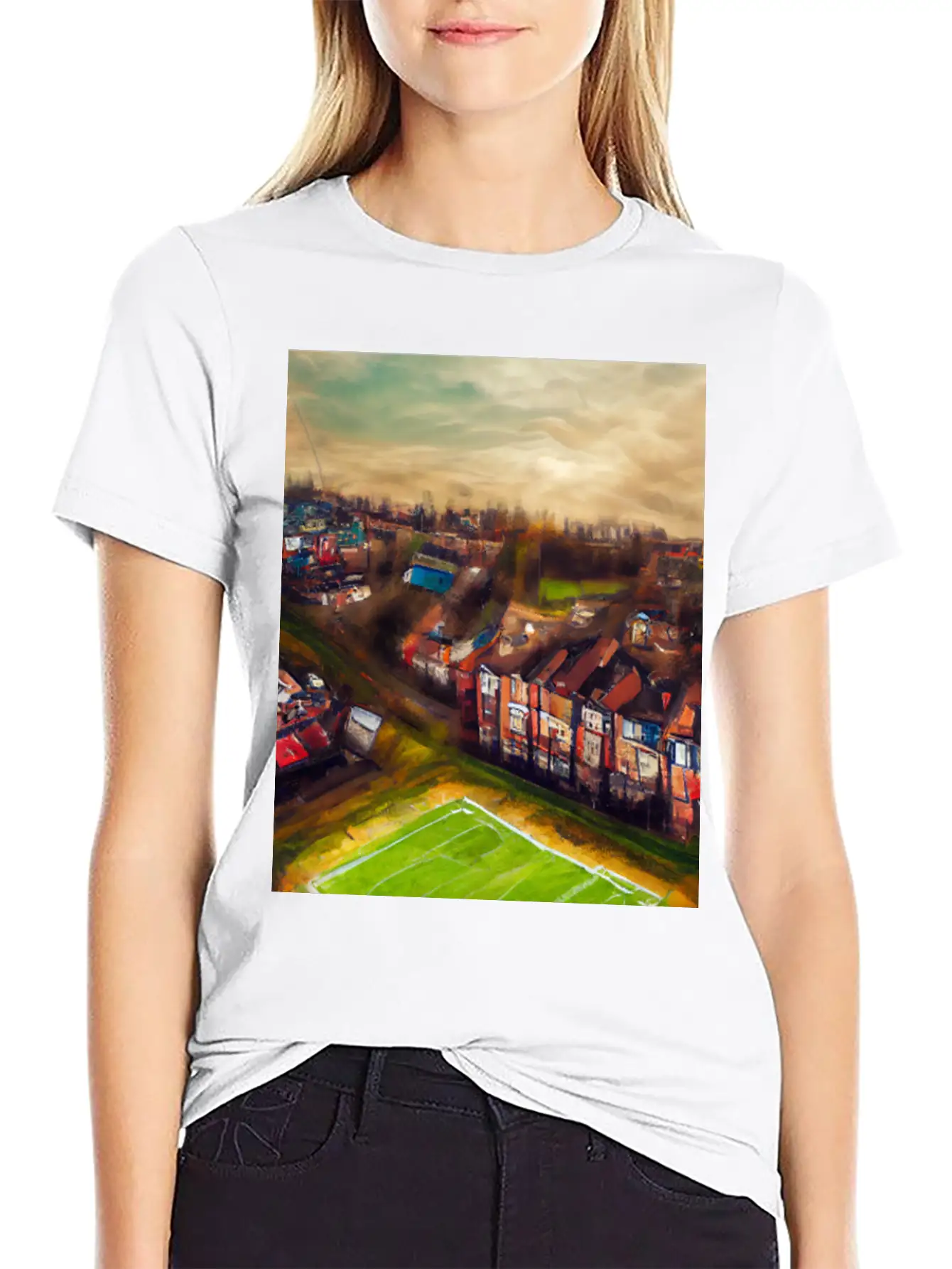 Artistic British Neighborhood And Football Field Modern Fit Casual T-Shirt – Clean And Versatile Design