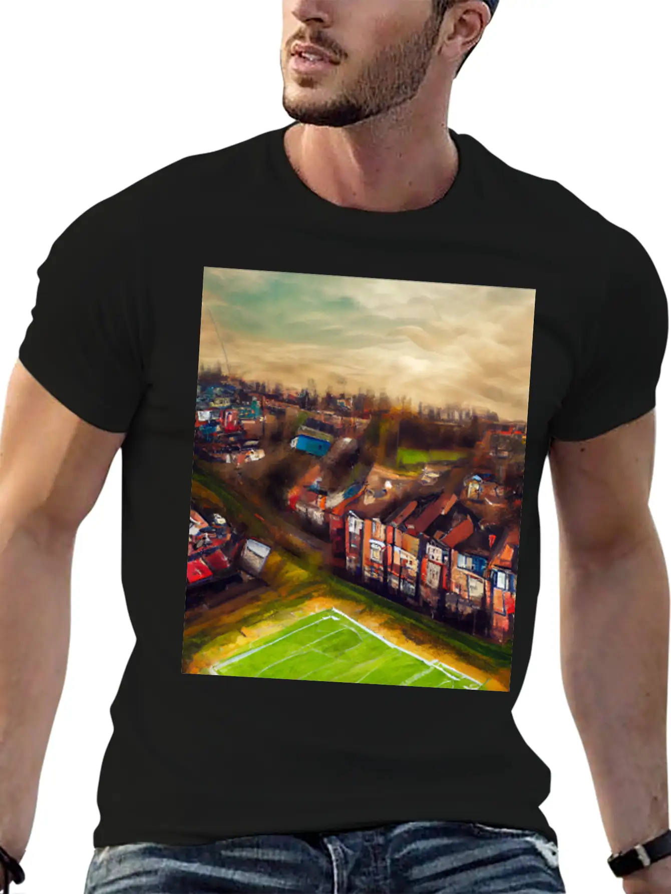 Artistic British Neighborhood And Football Field Modern Fit Casual T-Shirt – Clean And Versatile Design