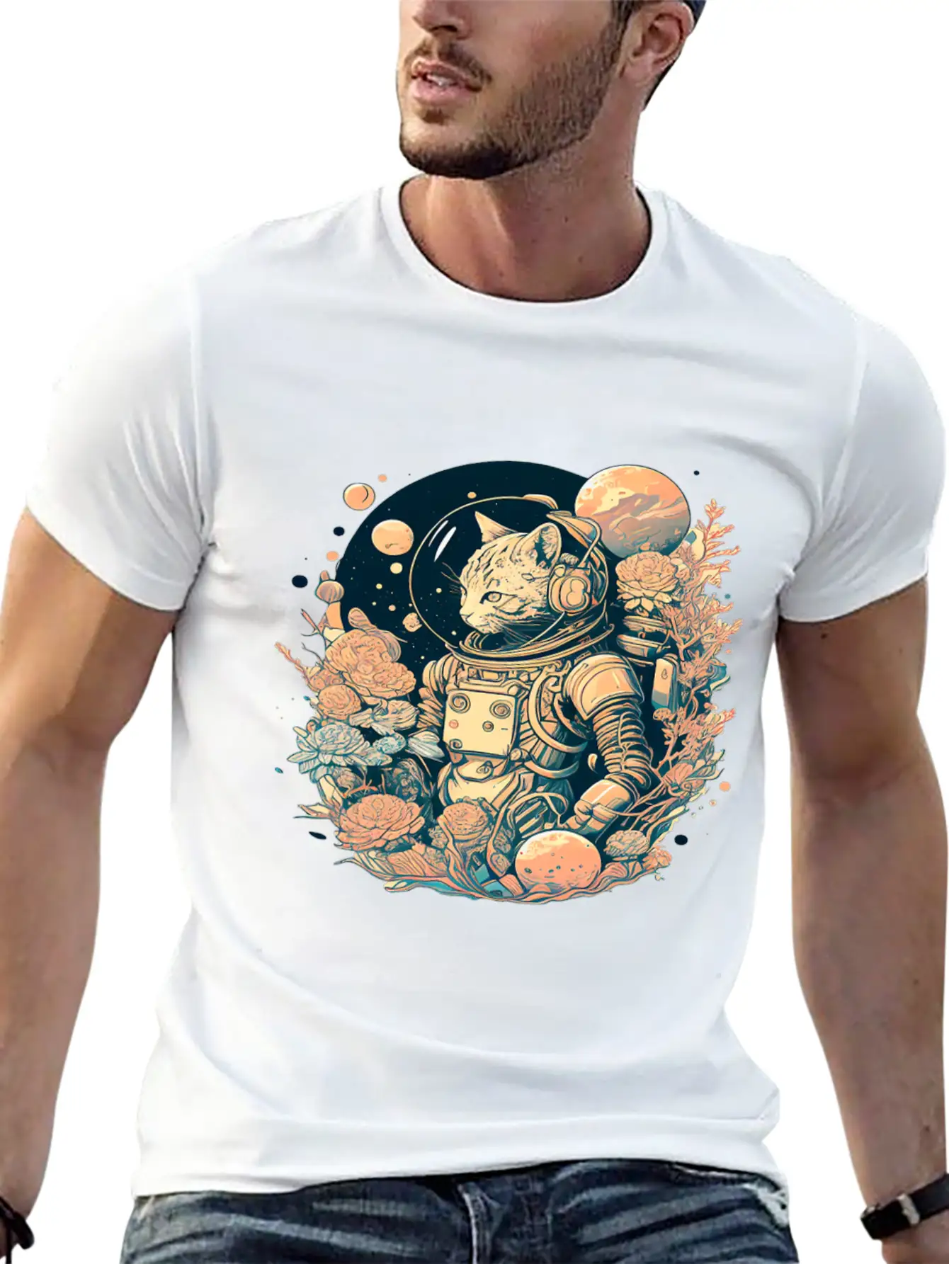 Astronaut Cat Tee With A Pop Of Color Modern Fit Casual T-Shirt – Clean And Versatile Design