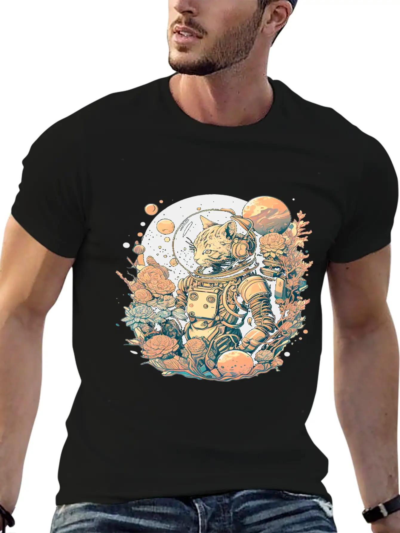 Astronaut Cat Tee With A Pop Of Color Modern Fit Casual T-Shirt – Clean And Versatile Design