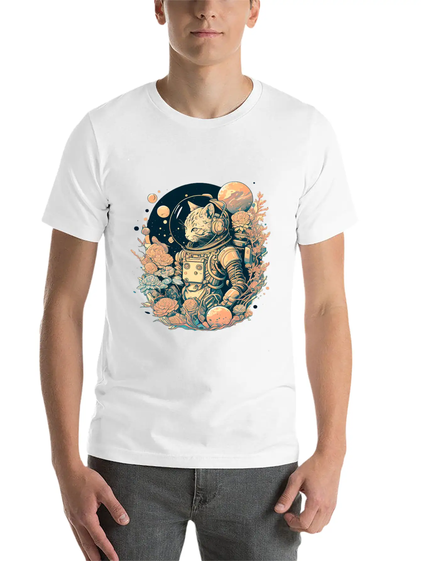 Astronaut Cat Tee With A Pop Of Color Modern Fit Casual T-Shirt – Clean And Versatile Design