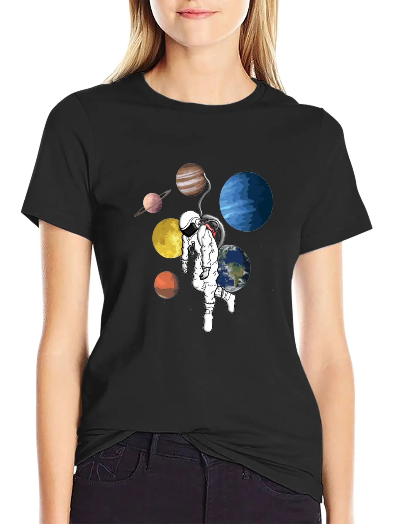 Astronaut Mit Planeten Essential Cotton Tee For Daily Outfits – Unisex Style