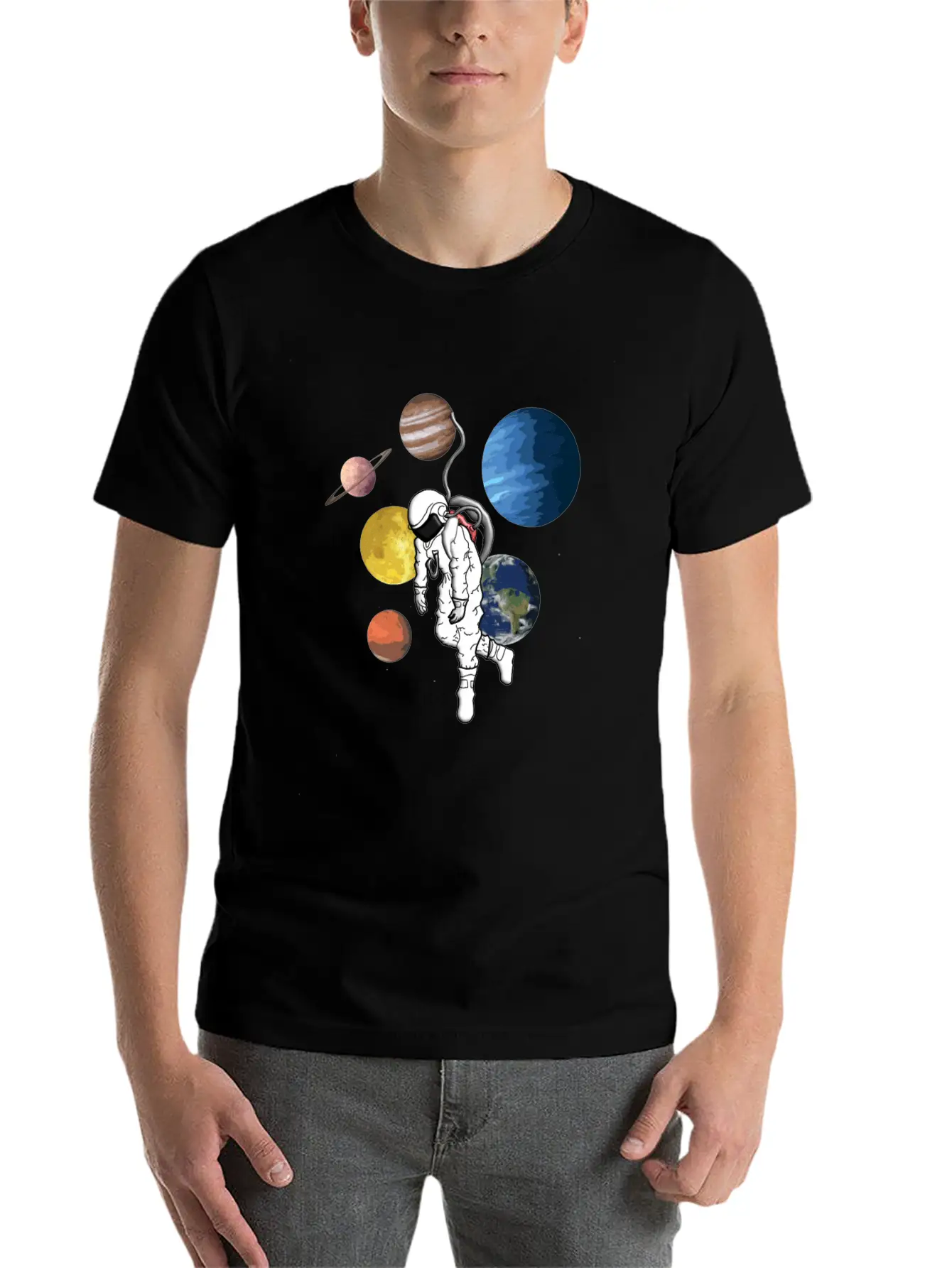 Astronaut Mit Planeten Essential Cotton Tee For Daily Outfits – Unisex Style