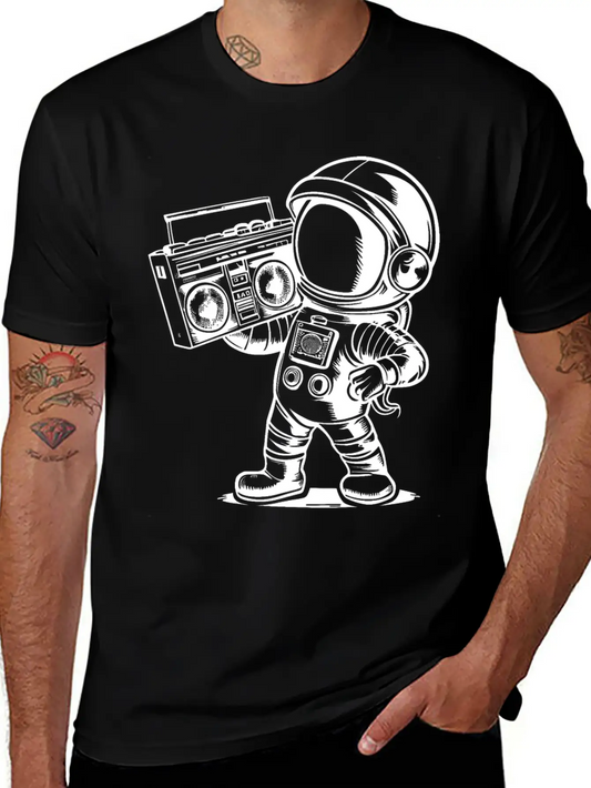Astronaut With Boombox Radio White Lightweight Cotton T-Shirt – Daily Comfort Graphic Shirt