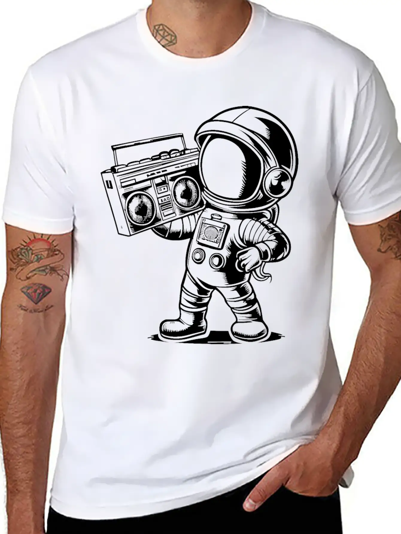 Astronaut With Boombox Radio White Lightweight Cotton T-Shirt – Daily Comfort Graphic Shirt