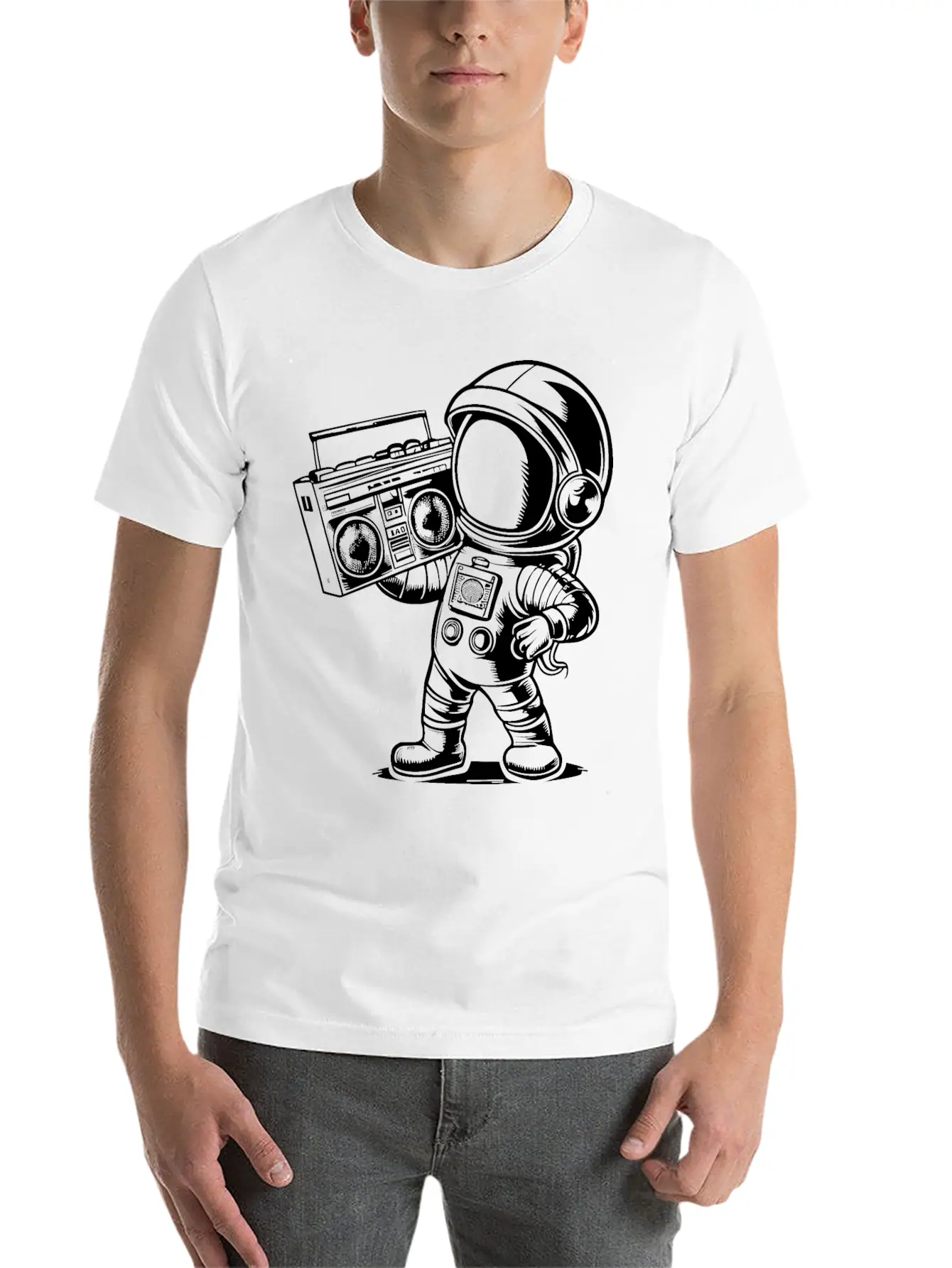 Astronaut With Boombox Radio White Lightweight Cotton T-Shirt – Daily Comfort Graphic Shirt