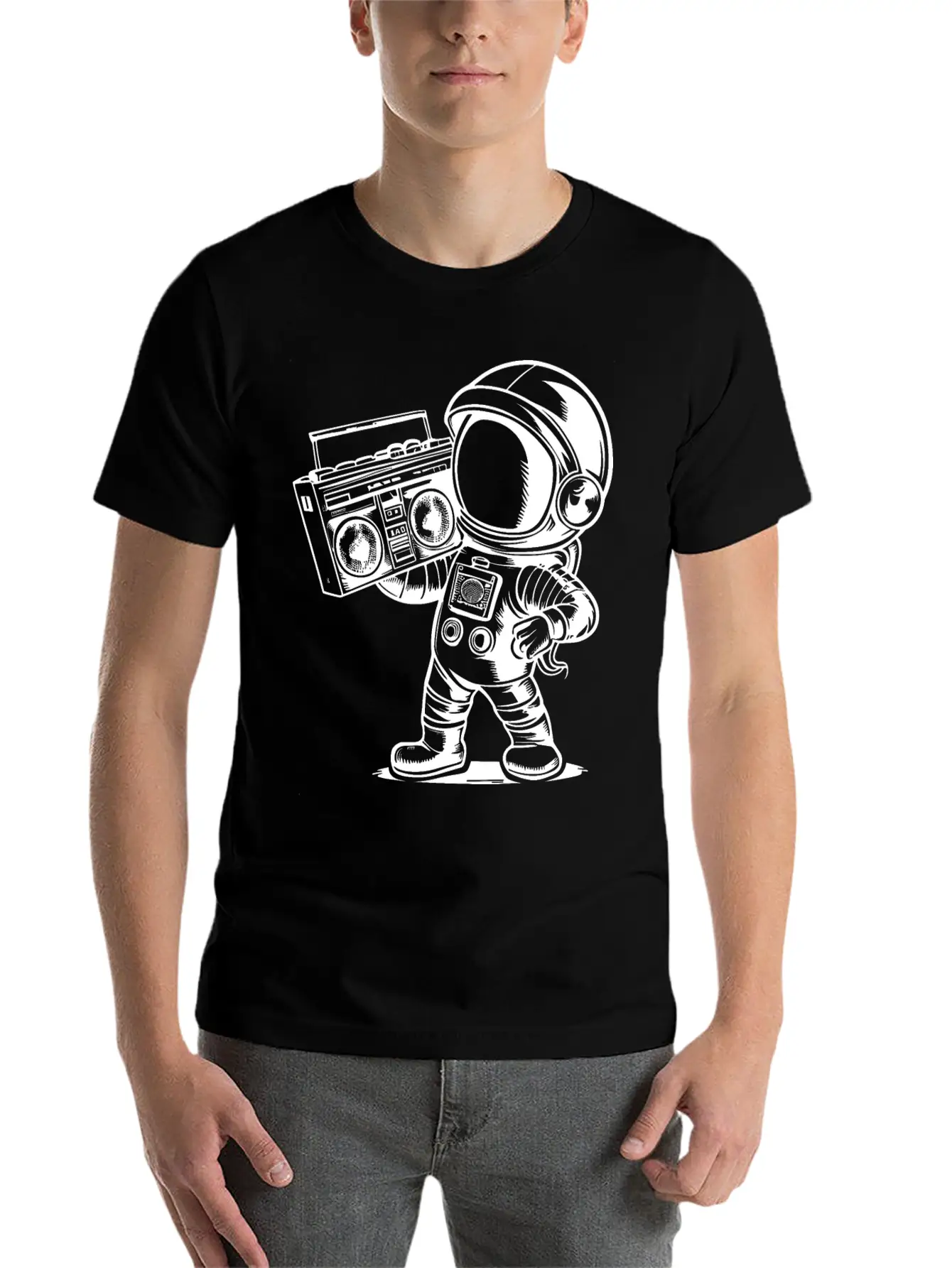 Astronaut With Boombox Radio White Lightweight Cotton T-Shirt – Daily Comfort Graphic Shirt