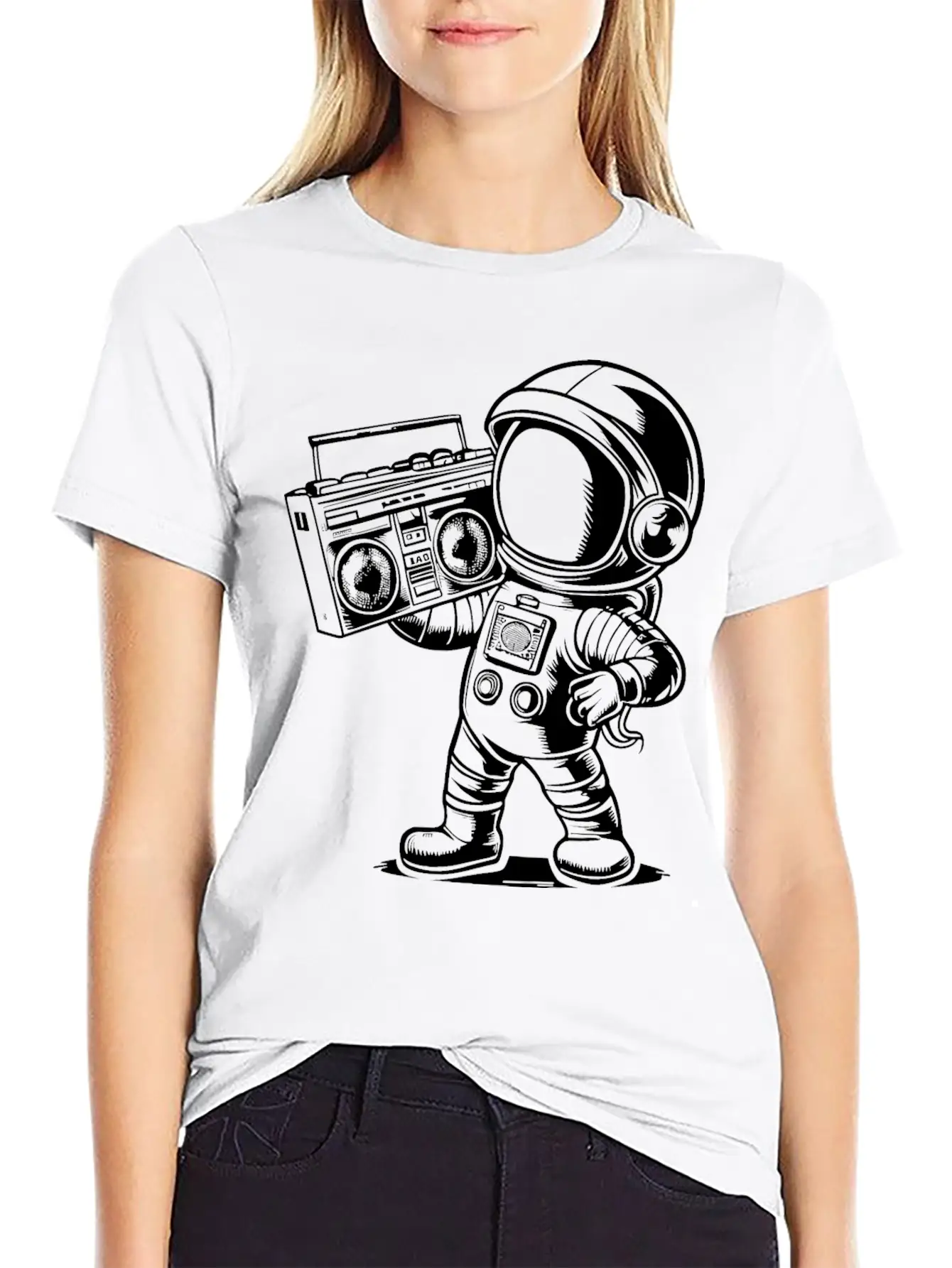 Astronaut With Boombox Radio White Lightweight Cotton T-Shirt – Daily Comfort Graphic Shirt