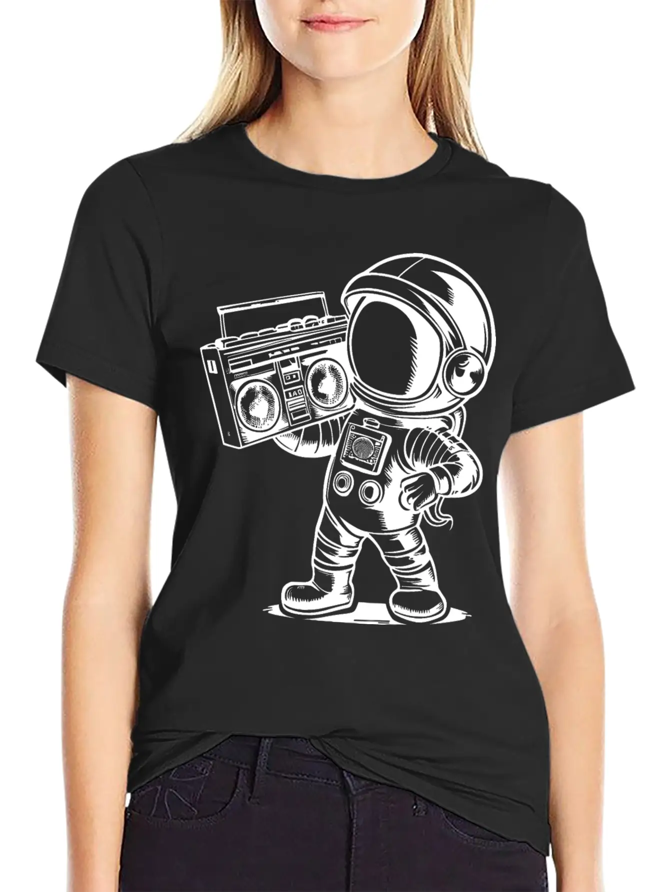 Astronaut With Boombox Radio White Lightweight Cotton T-Shirt – Daily Comfort Graphic Shirt