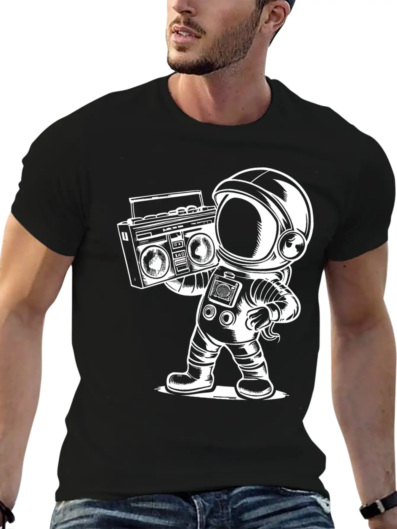 Astronaut With Boombox Radio White Lightweight Cotton T-Shirt – Daily Comfort Graphic Shirt
