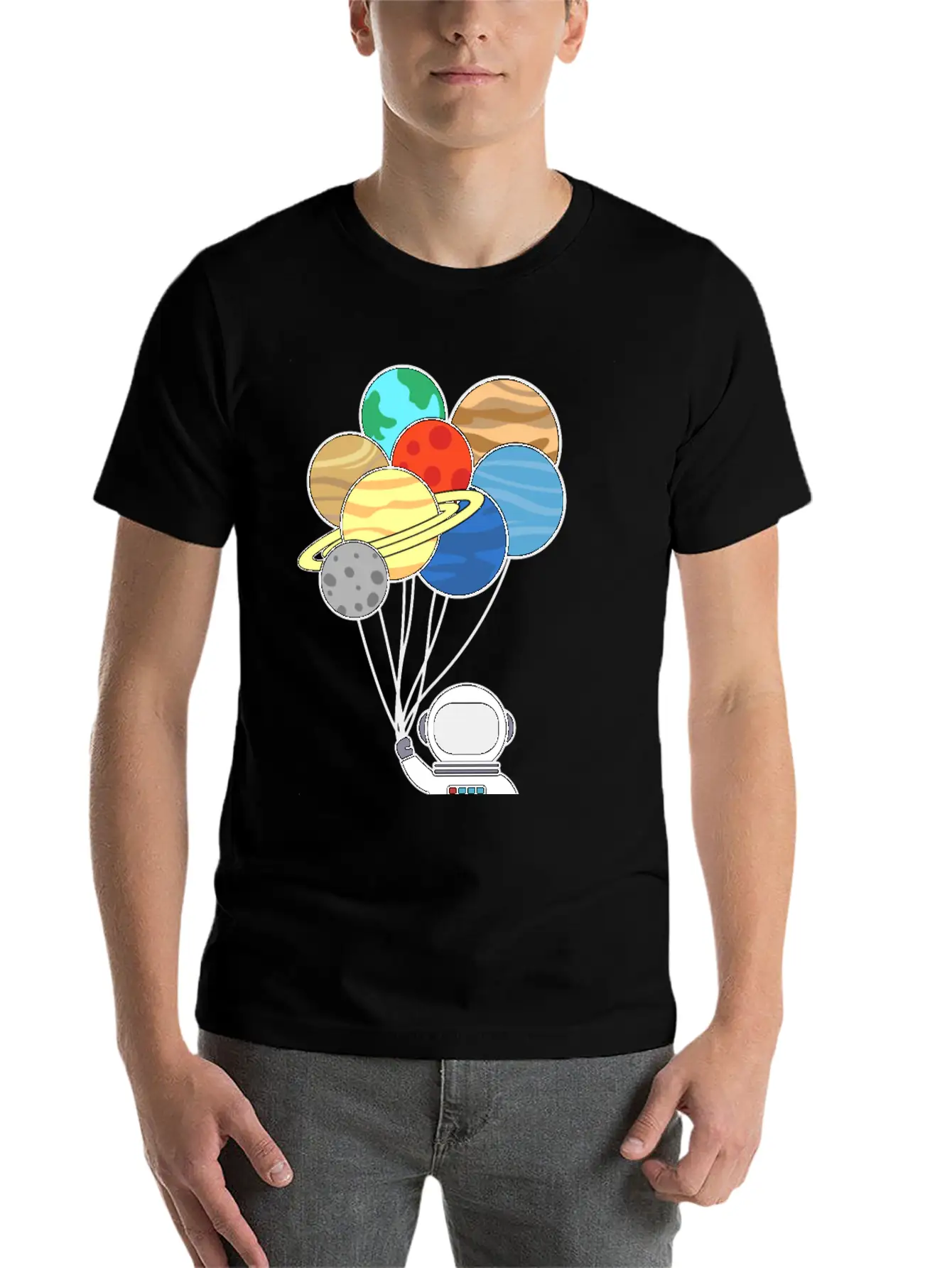 Astronaut With Planet Balloons. Basic Graphic T-Shirt – Daily Comfort In Soft Cotton