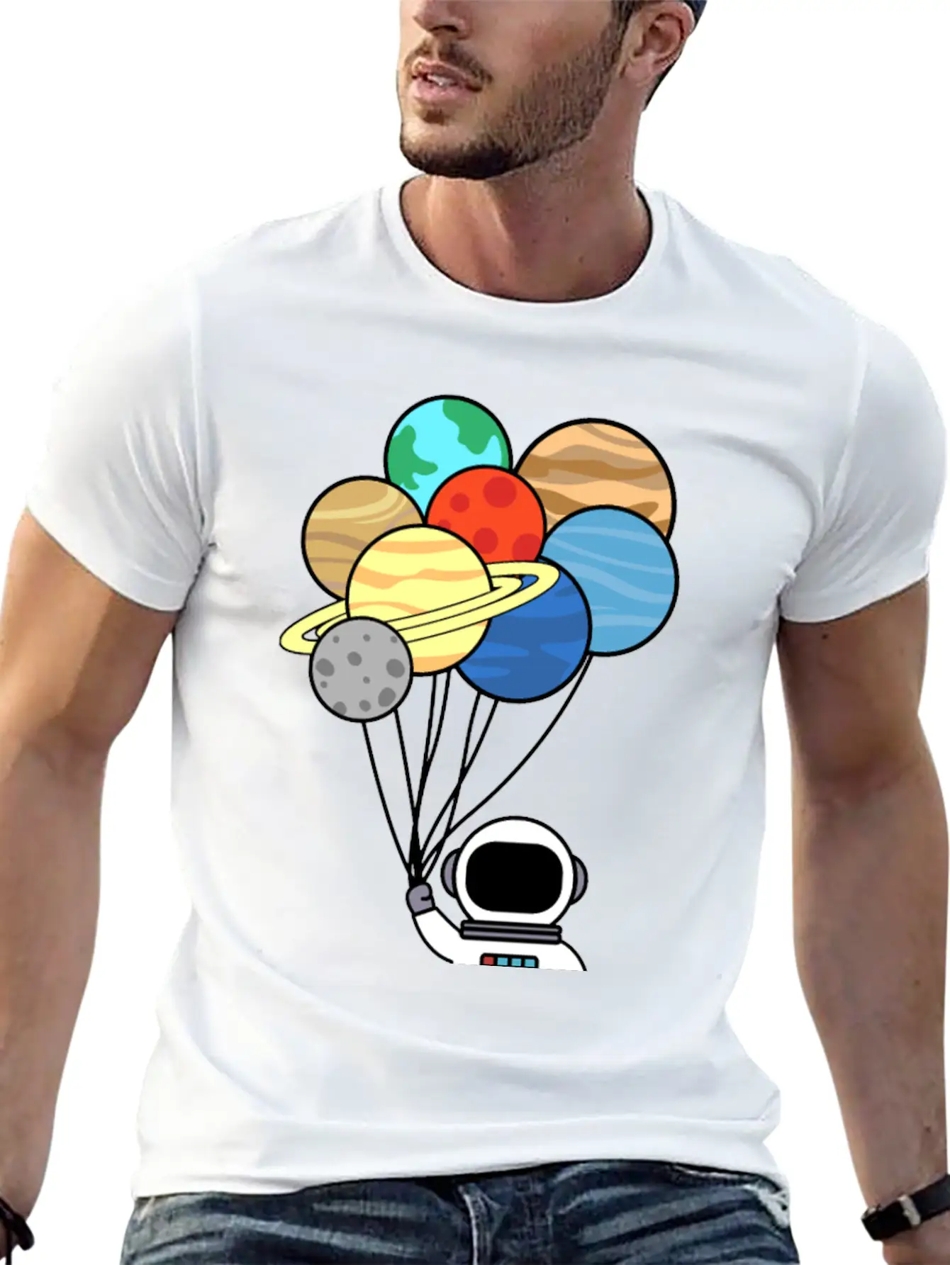 Astronaut With Planet Balloons. Basic Graphic T-Shirt – Daily Comfort In Soft Cotton