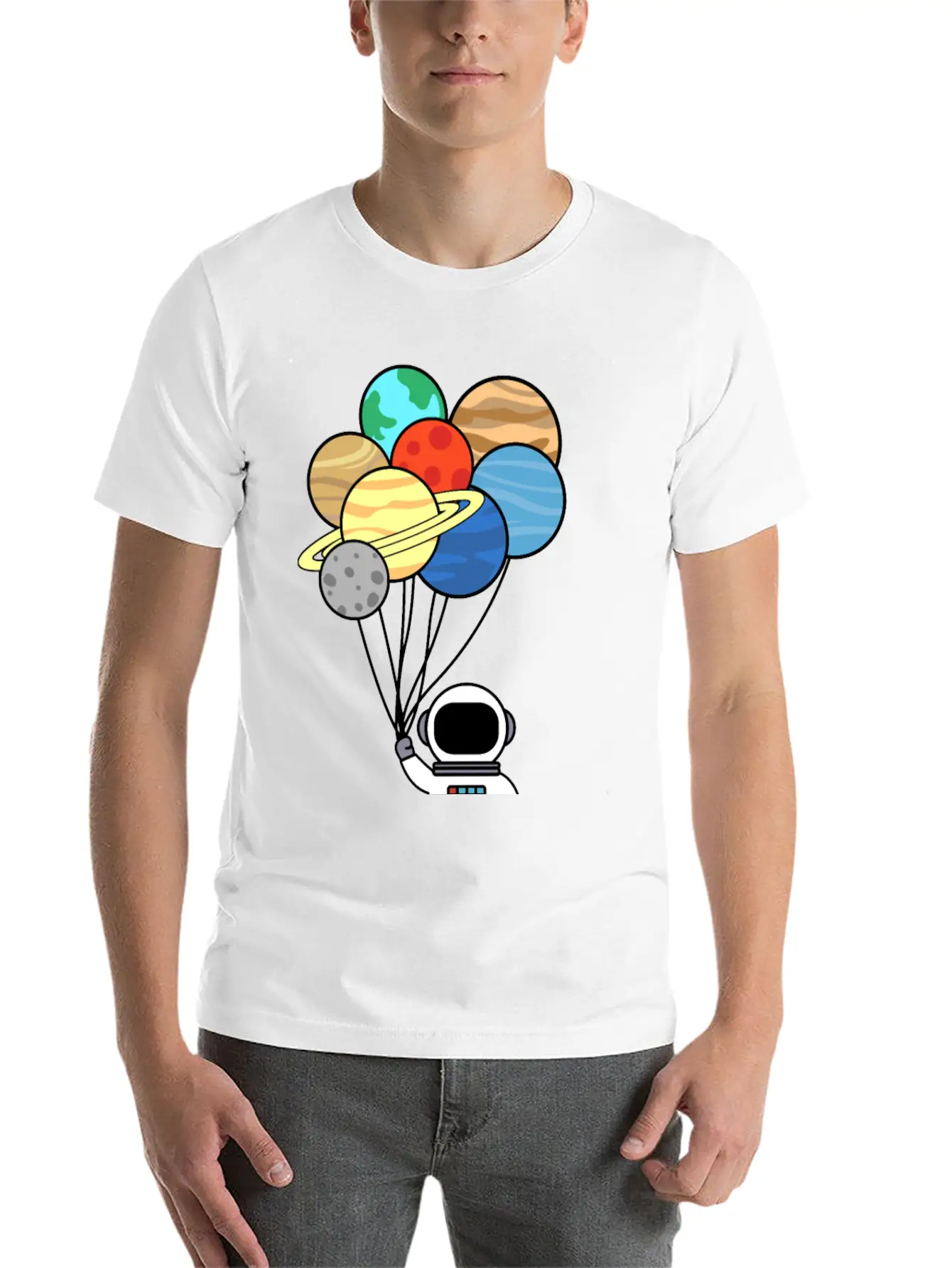 Astronaut With Planet Balloons. Basic Graphic T-Shirt – Daily Comfort In Soft Cotton