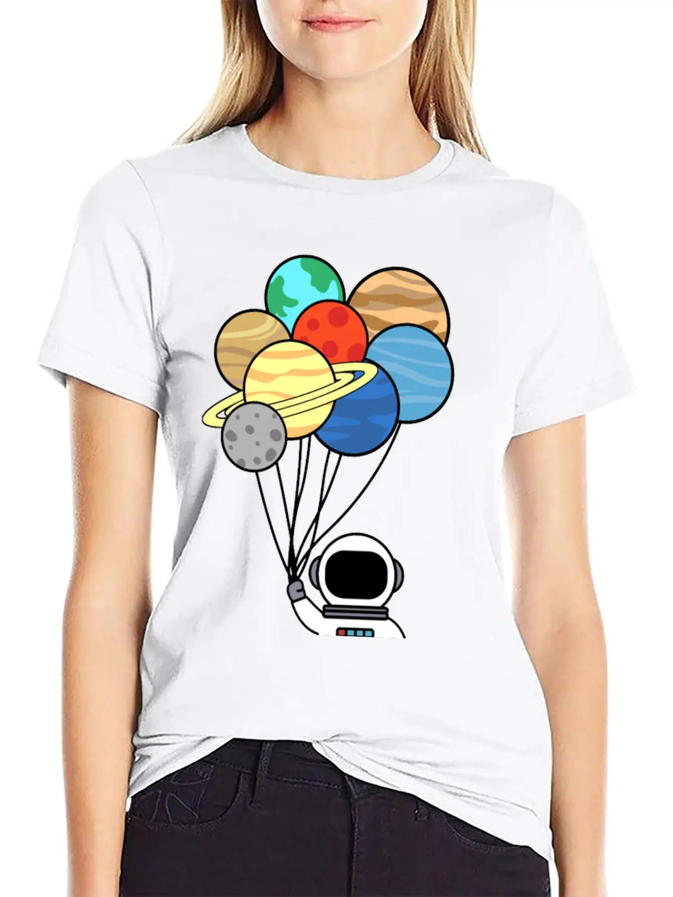 Astronaut With Planet Balloons. Basic Graphic T-Shirt – Daily Comfort In Soft Cotton