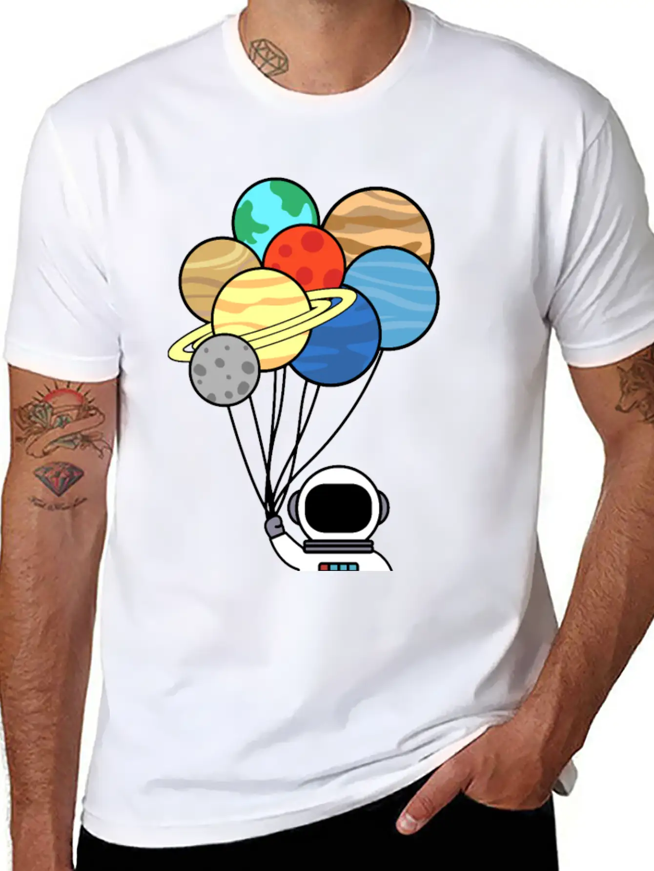 Astronaut With Planet Balloons. Basic Graphic T-Shirt – Daily Comfort In Soft Cotton