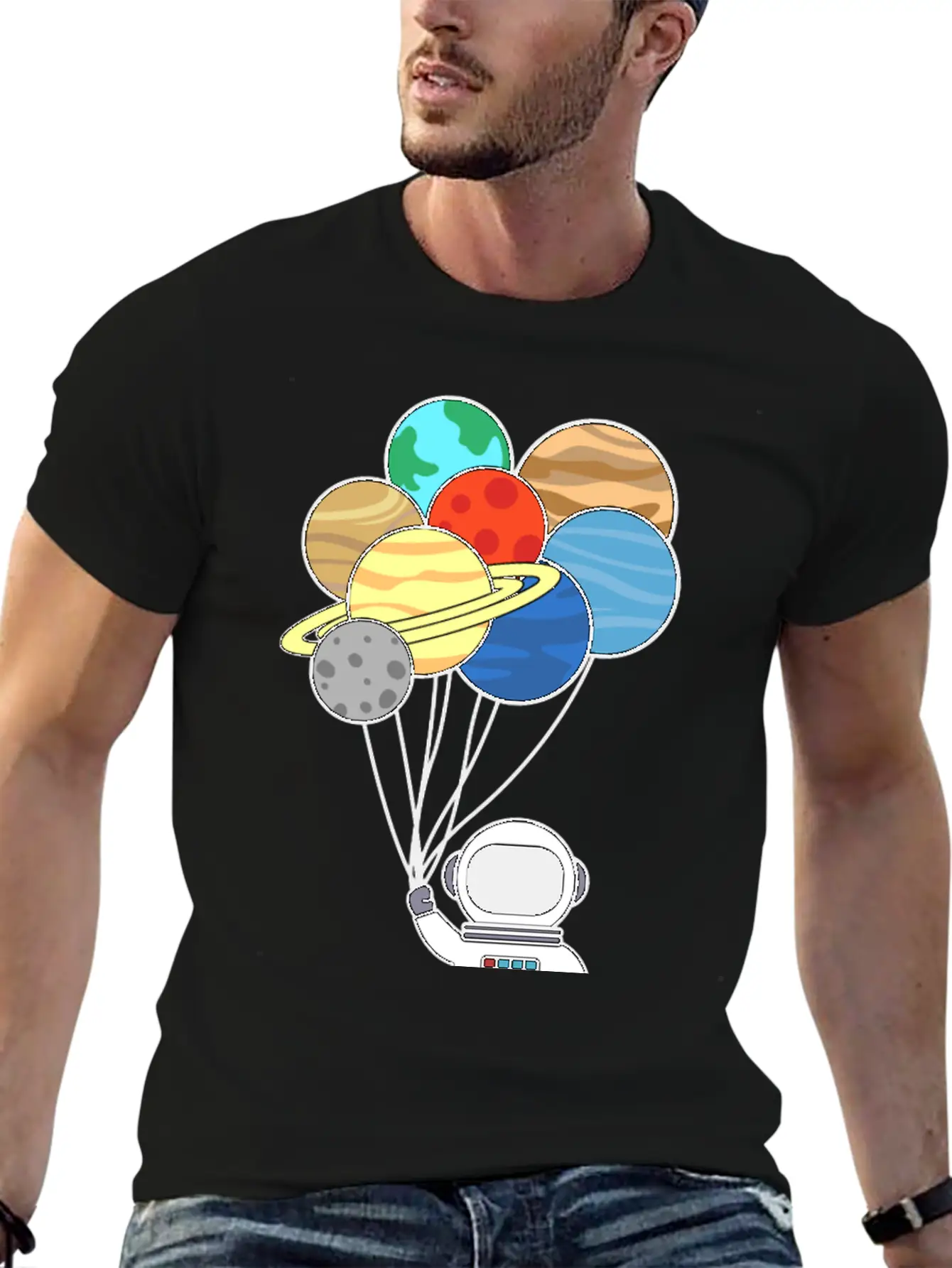 Astronaut With Planet Balloons. Basic Graphic T-Shirt – Daily Comfort In Soft Cotton
