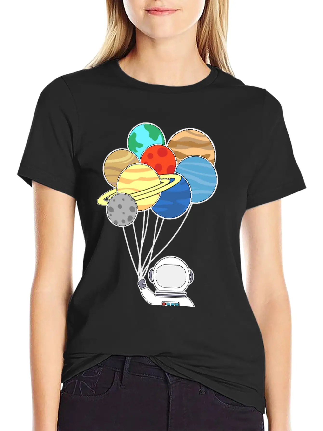 Astronaut With Planet Balloons. Basic Graphic T-Shirt – Daily Comfort In Soft Cotton