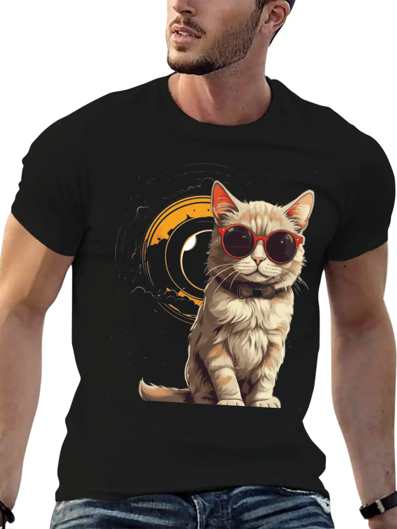 Astronomical Cat Eclipse Essential Cotton Tee For Daily Outfits – Unisex Style