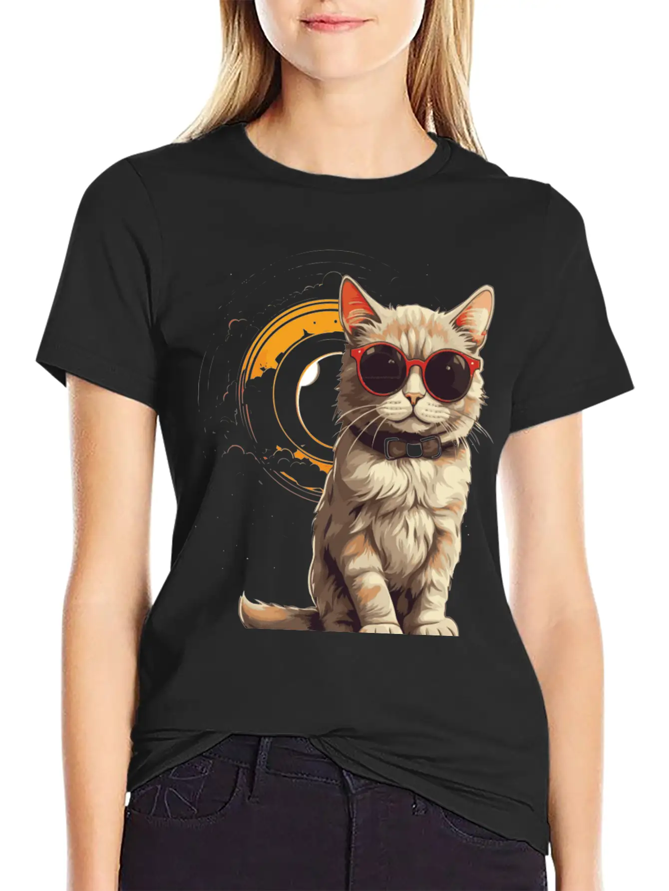 Astronomical Cat Eclipse Essential Cotton Tee For Daily Outfits – Unisex Style