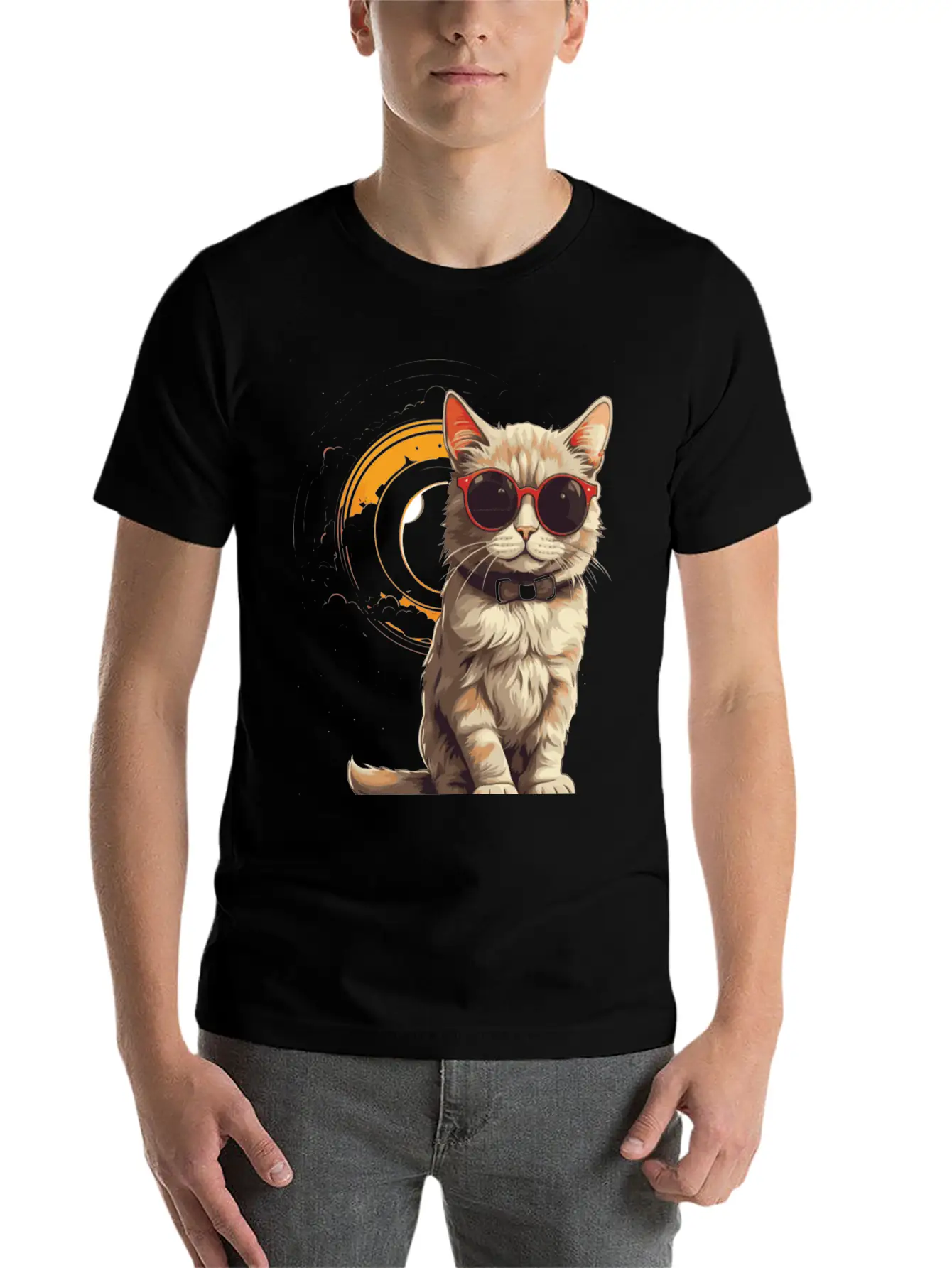 Astronomical Cat Eclipse Essential Cotton Tee For Daily Outfits – Unisex Style