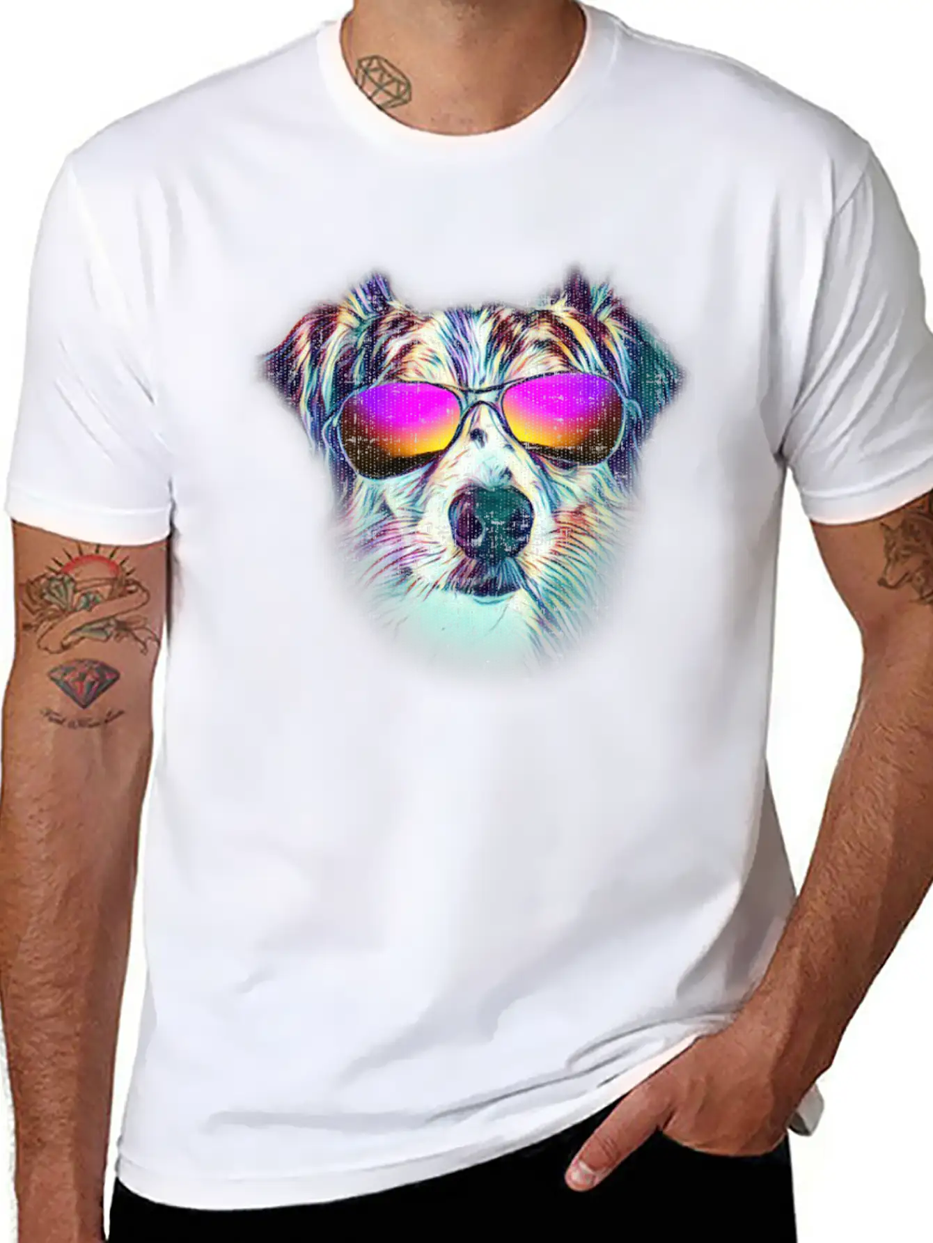 Australian Shepherd Colorful Neon Dog Sunglasses Unisex Casual T-Shirt ��� Clean Design For Daily Comfort