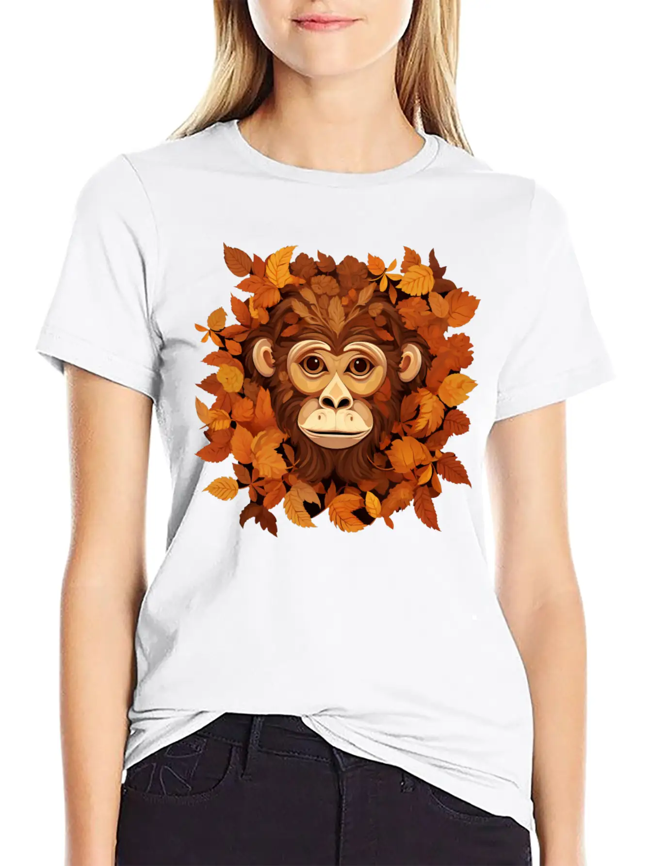 Autumn Monkey Or Chimpanzee Made Of Leaves Unisex Casual T-Shirt ��� Clean Design For Daily Comfort