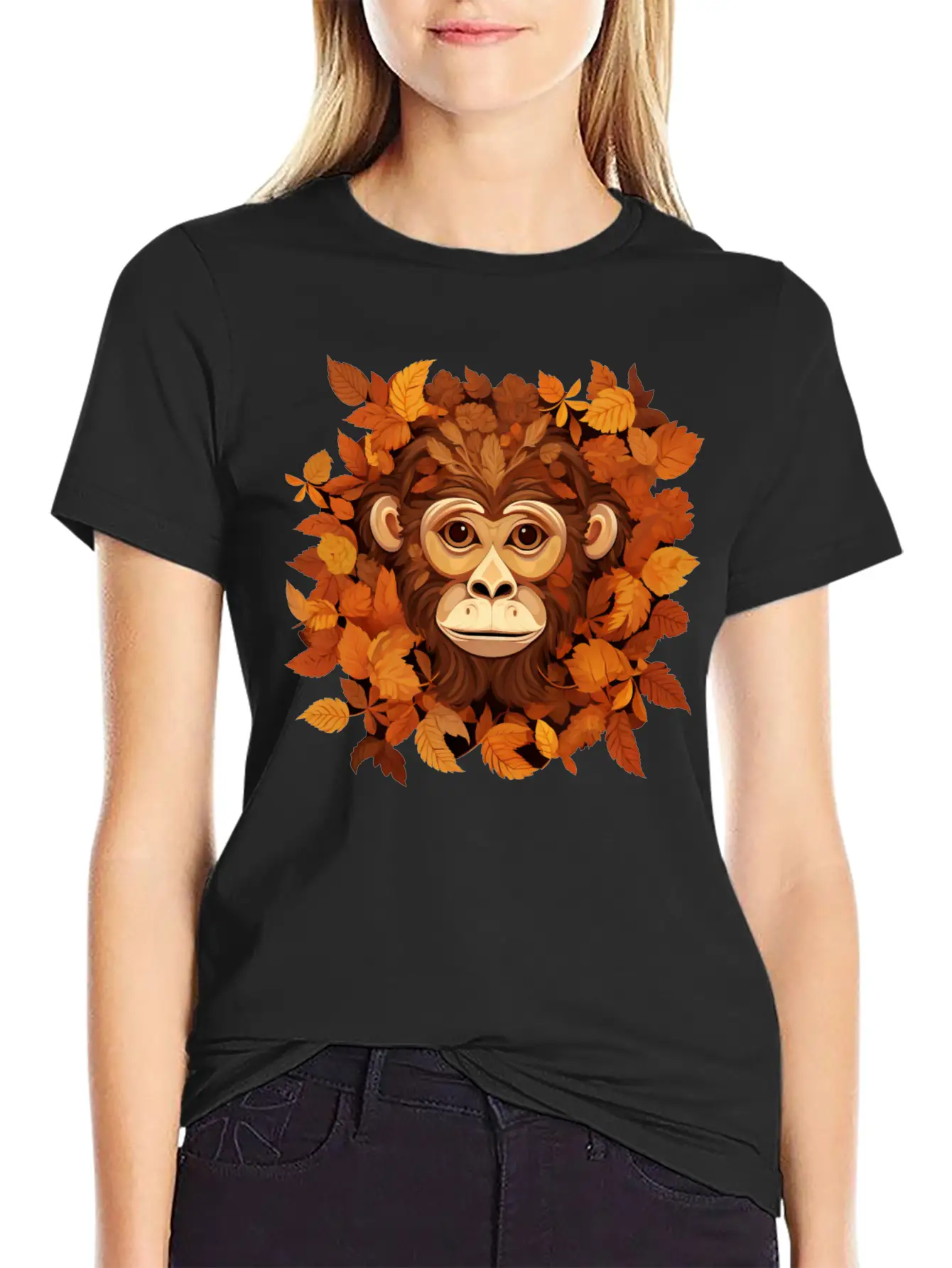 Autumn Monkey Or Chimpanzee Made Of Leaves Unisex Casual T-Shirt ��� Clean Design For Daily Comfort