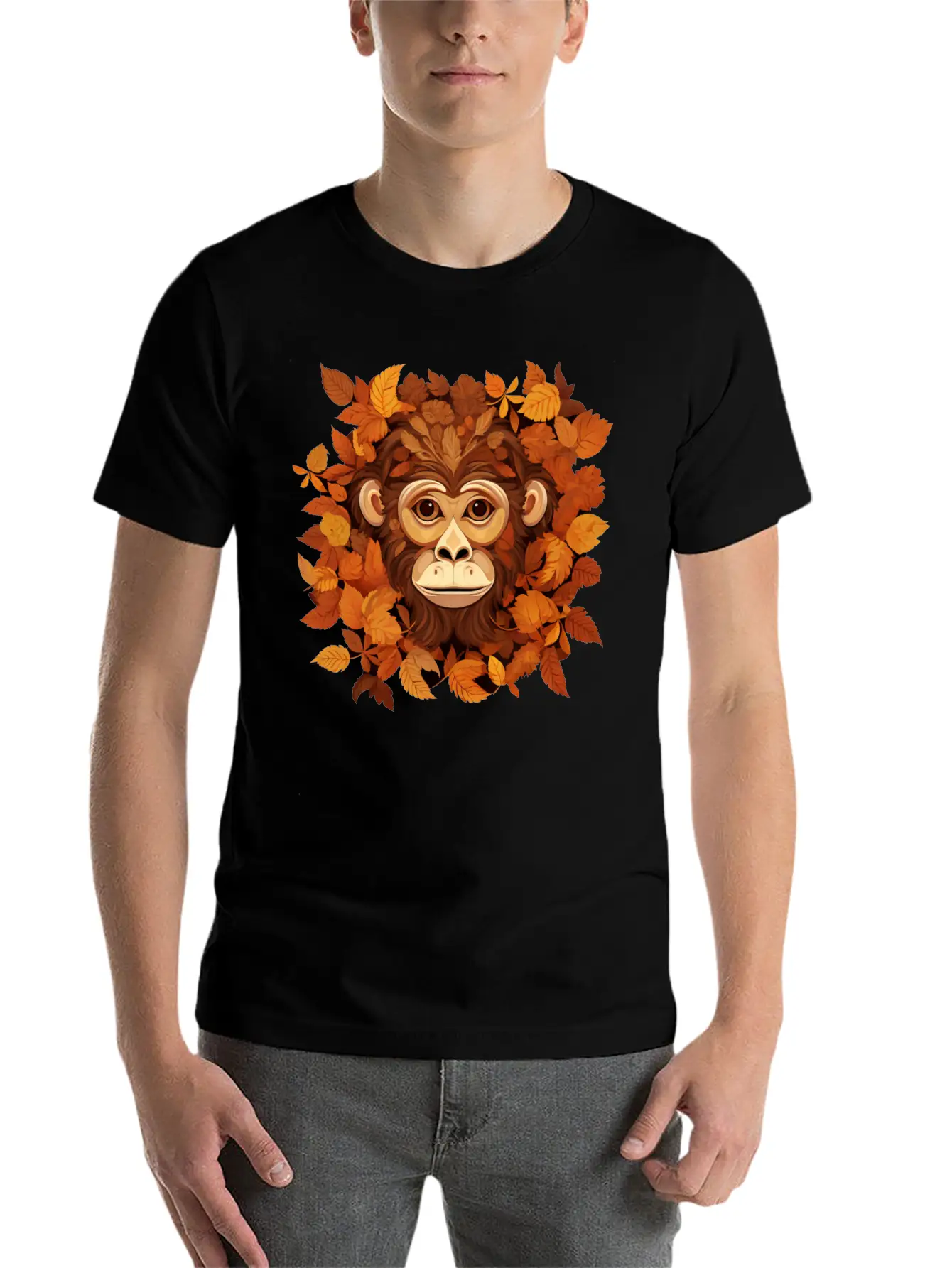 Autumn Monkey Or Chimpanzee Made Of Leaves Unisex Casual T-Shirt ��� Clean Design For Daily Comfort