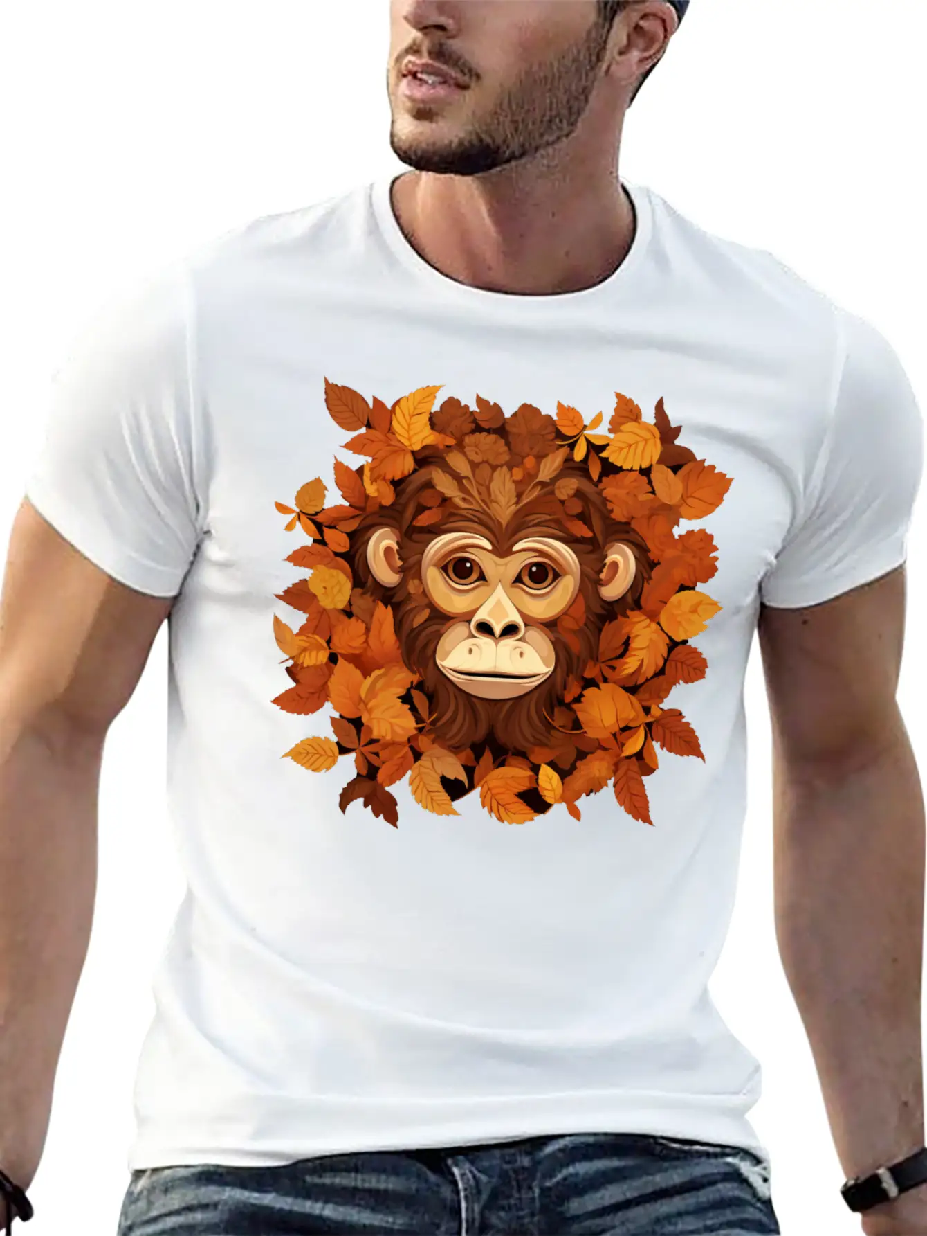 Autumn Monkey Or Chimpanzee Made Of Leaves Unisex Casual T-Shirt ��� Clean Design For Daily Comfort