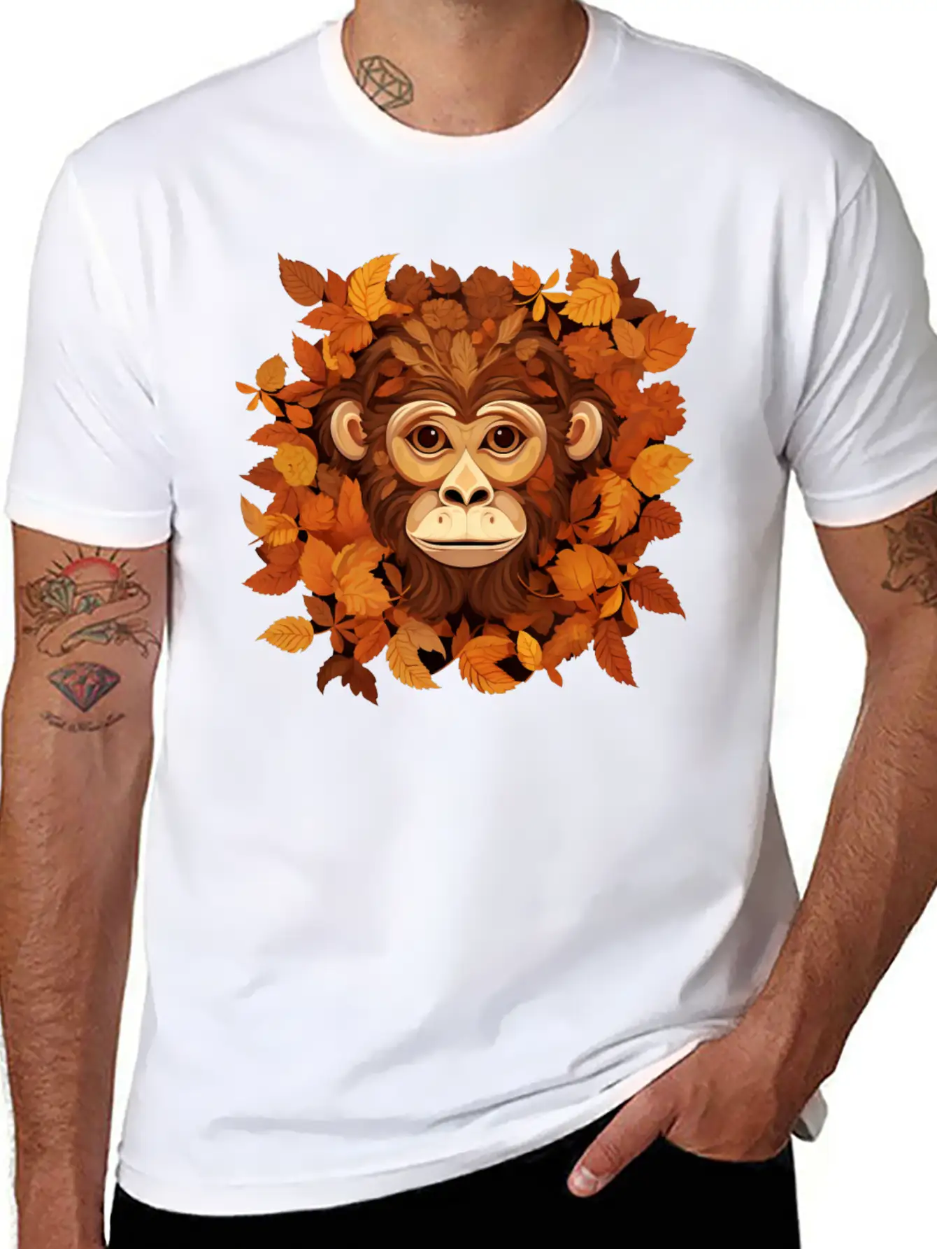 Autumn Monkey Or Chimpanzee Made Of Leaves Unisex Casual T-Shirt ��� Clean Design For Daily Comfort