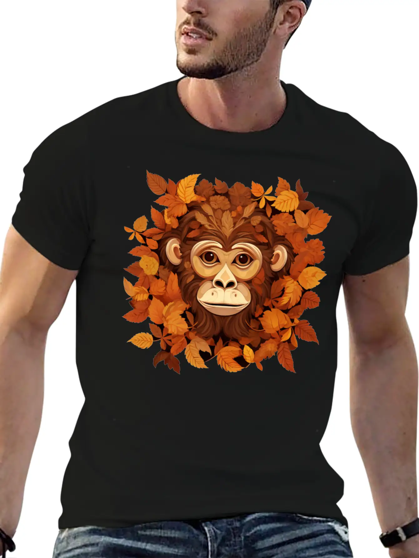 Autumn Monkey Or Chimpanzee Made Of Leaves Unisex Casual T-Shirt ��� Clean Design For Daily Comfort