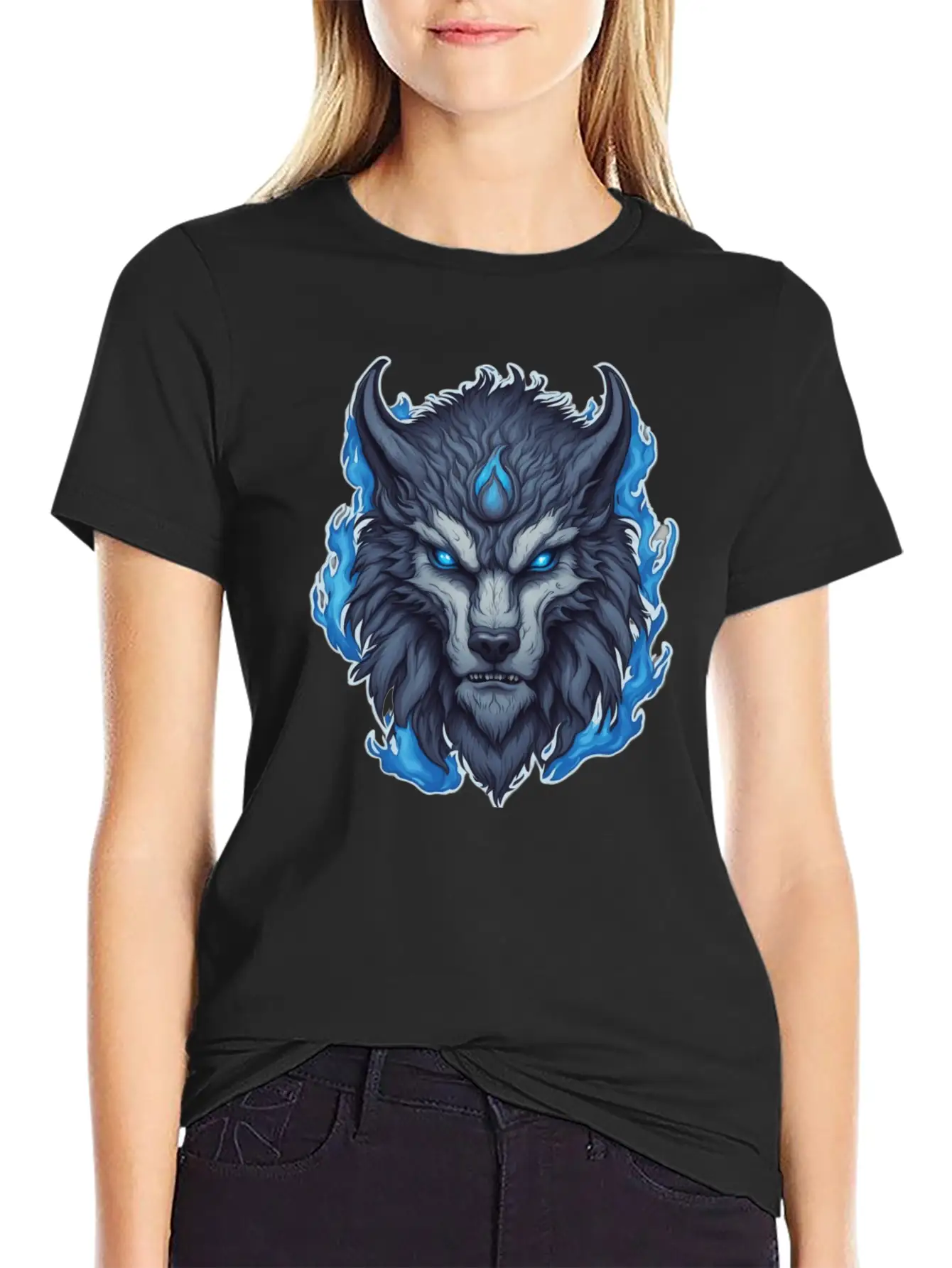 Azure Howler: Horned Wolf Essential Cotton Tee For Daily Outfits – Unisex Style