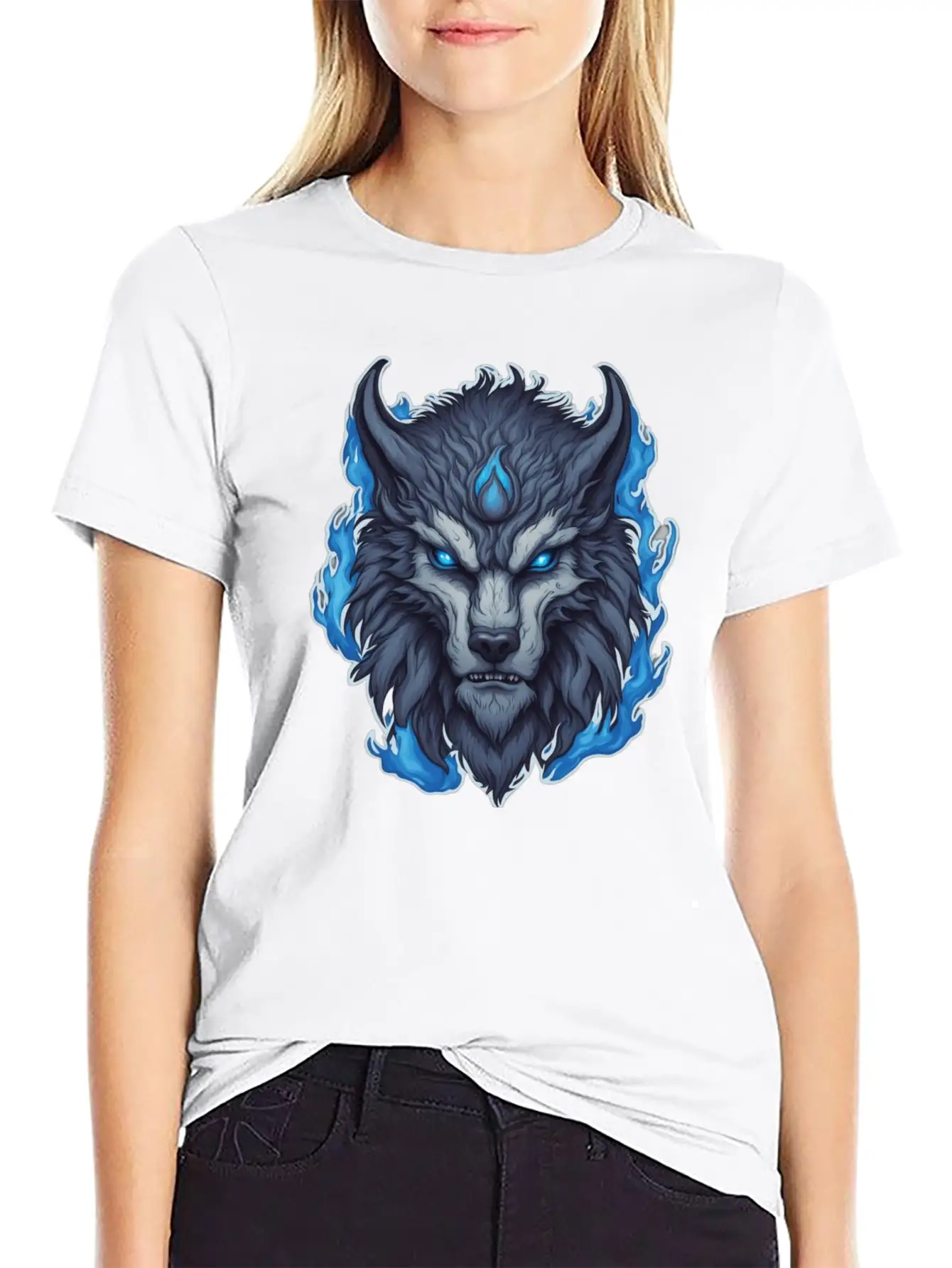 Azure Howler: Horned Wolf Essential Cotton Tee For Daily Outfits – Unisex Style