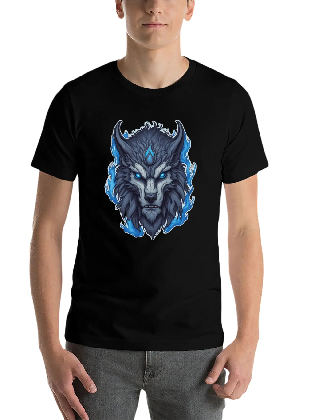 Azure Howler: Horned Wolf Essential Cotton Tee For Daily Outfits – Unisex Style