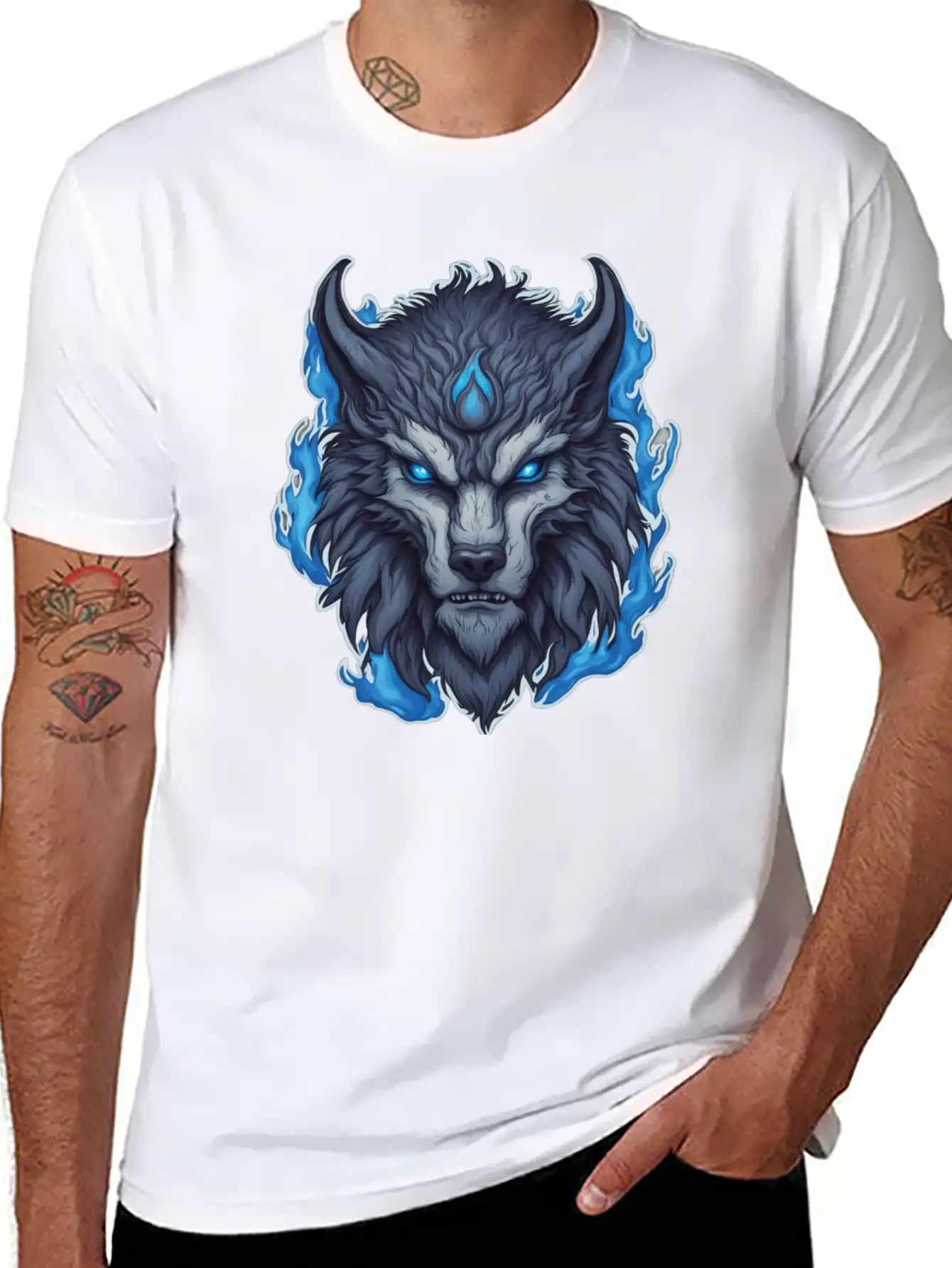 Azure Howler: Horned Wolf Essential Cotton Tee For Daily Outfits – Unisex Style