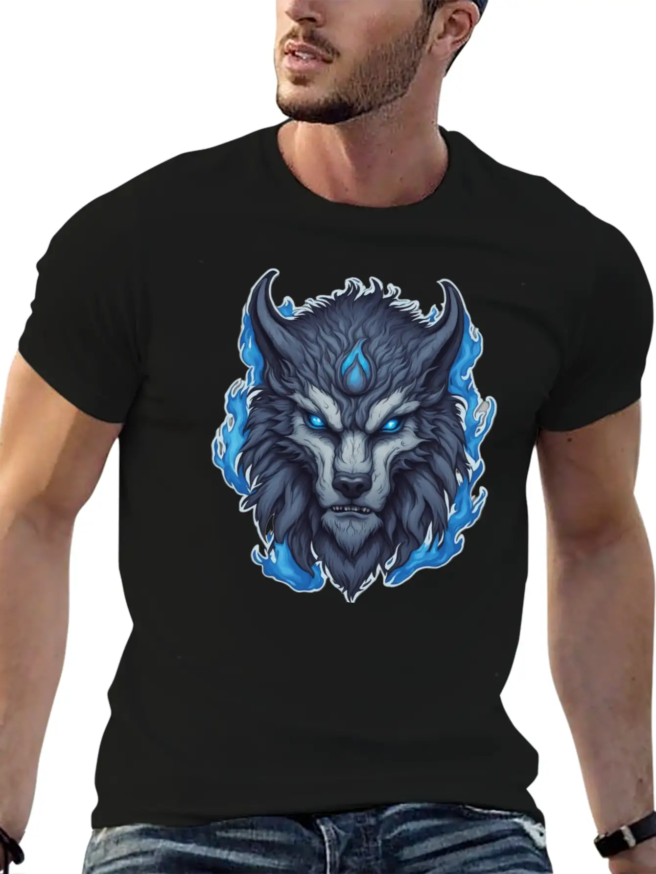 Azure Howler: Horned Wolf Essential Cotton Tee For Daily Outfits – Unisex Style